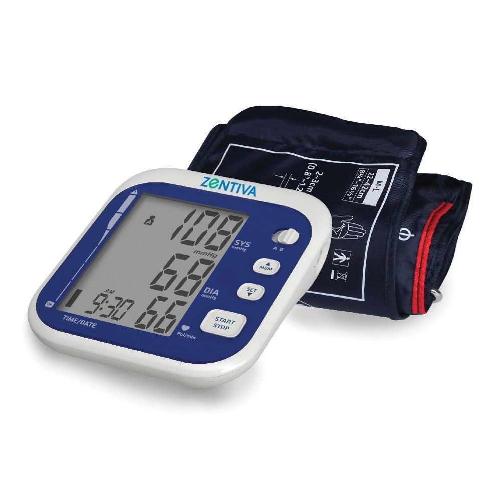 Misuratore di pressione Zentiva Sfigmo Pro Braccio con bracciale. Display digitale con valori e ora. Design blu e bianco.
