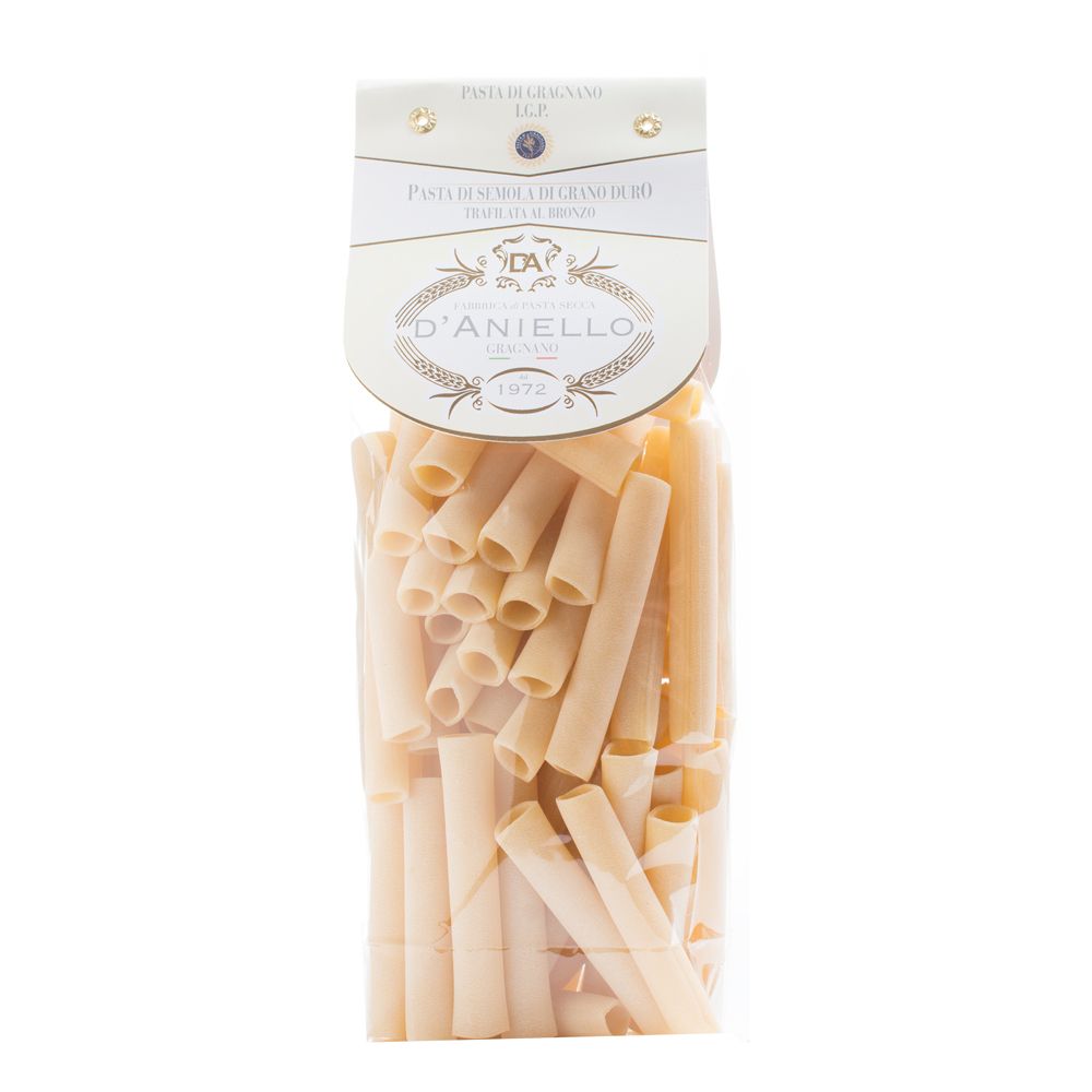 Confezione trasparente di pasta Candela Corta. Stampa con il marchio D'Aniello e la denominazione del prodotto.