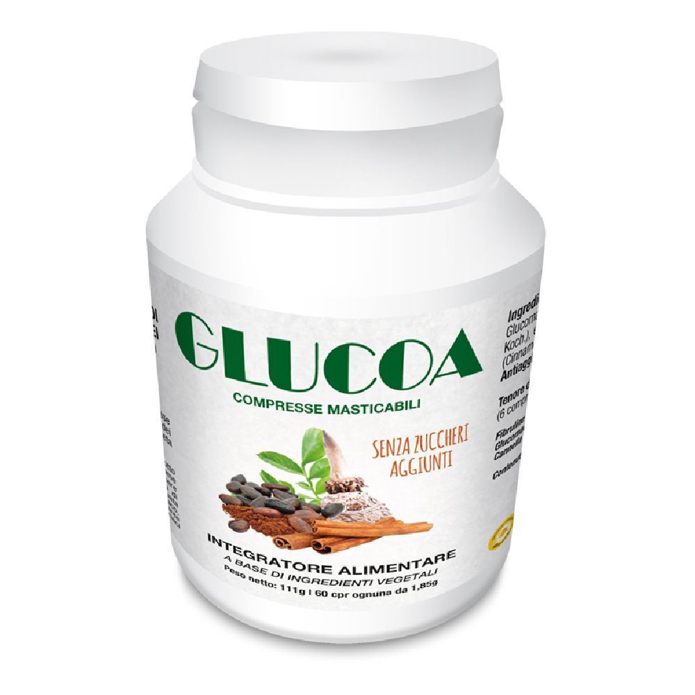 Flacone bianco con logo verde "GLUCOA". Visibili le scritte "COMPRESSE MASTICABILI" e "SENZA ZUCCHERI AGGIUNTI".