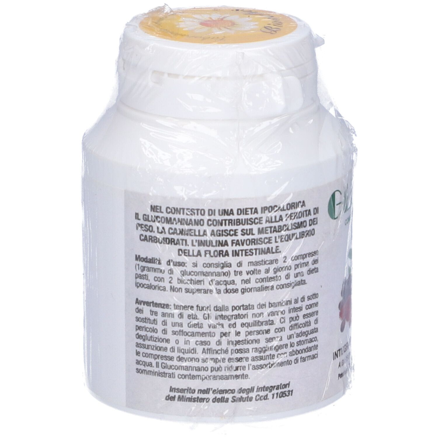 Flacone bianco con testo, in confezione di plastica. Sezioni di testo ed etichetta gialla visibili.