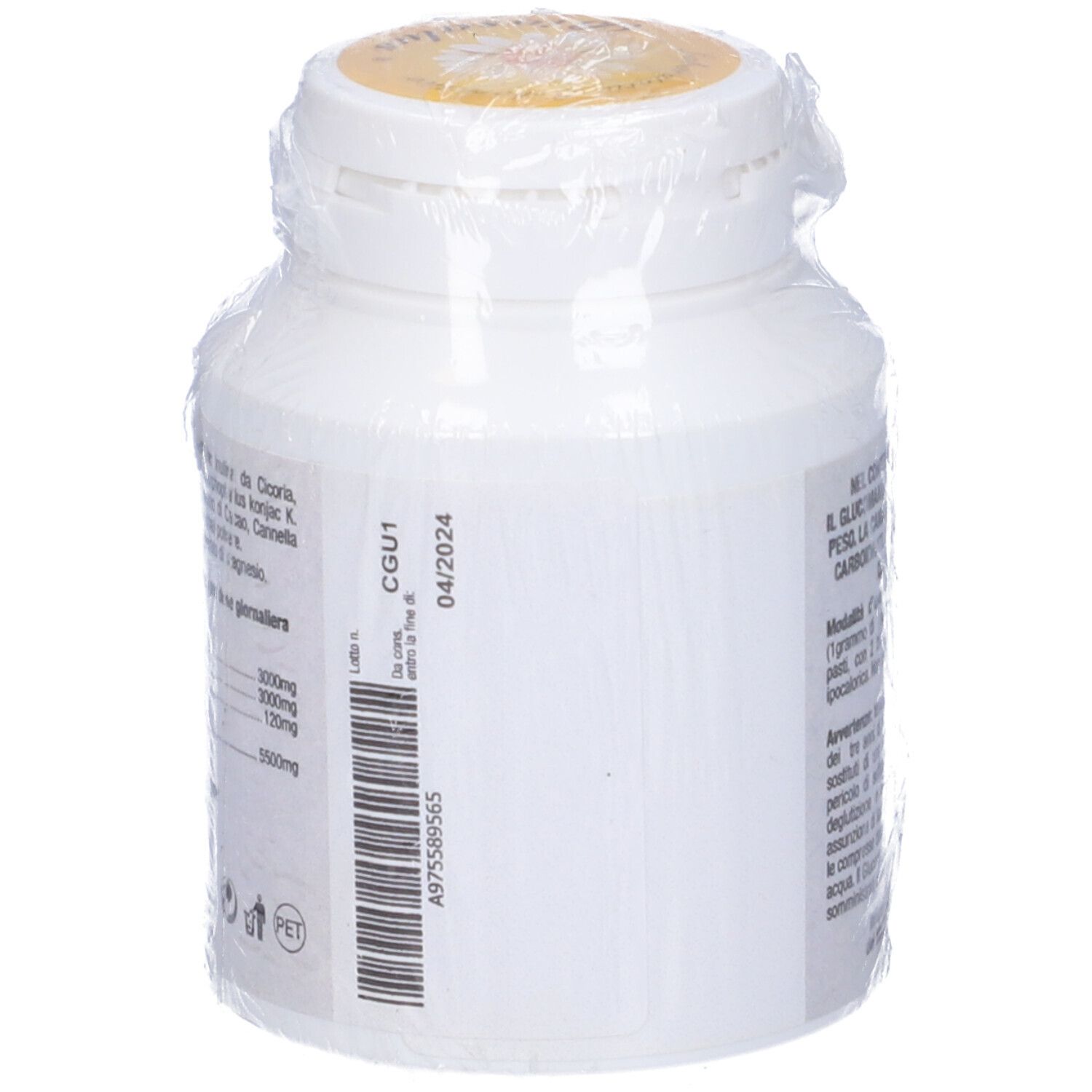 Flacone bianco con testo e codice a barre, in confezione di plastica. Visibile anche un'etichetta gialla.