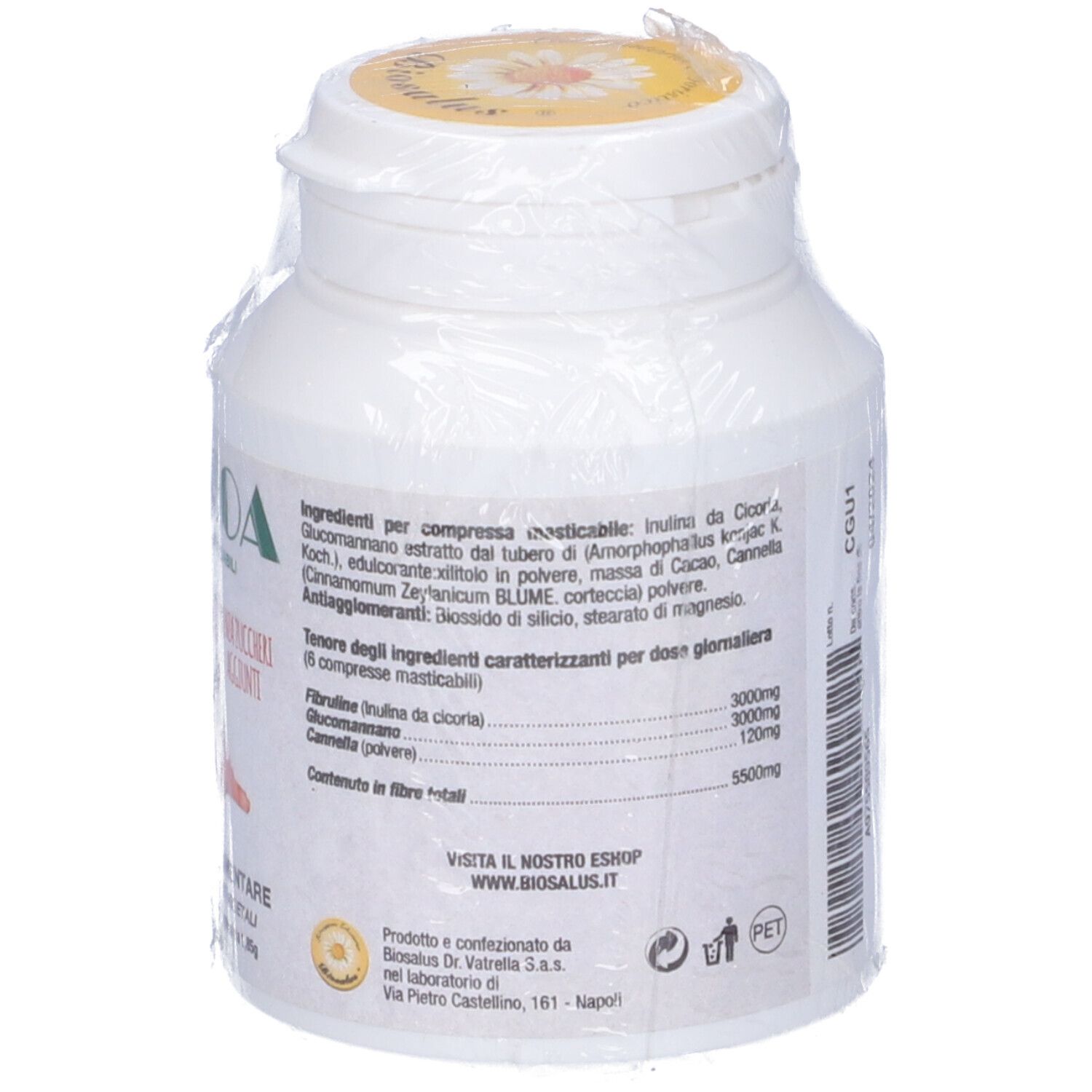 Flacone bianco con testo, in confezione di plastica. Lista ingredienti ed etichetta gialla visibili.