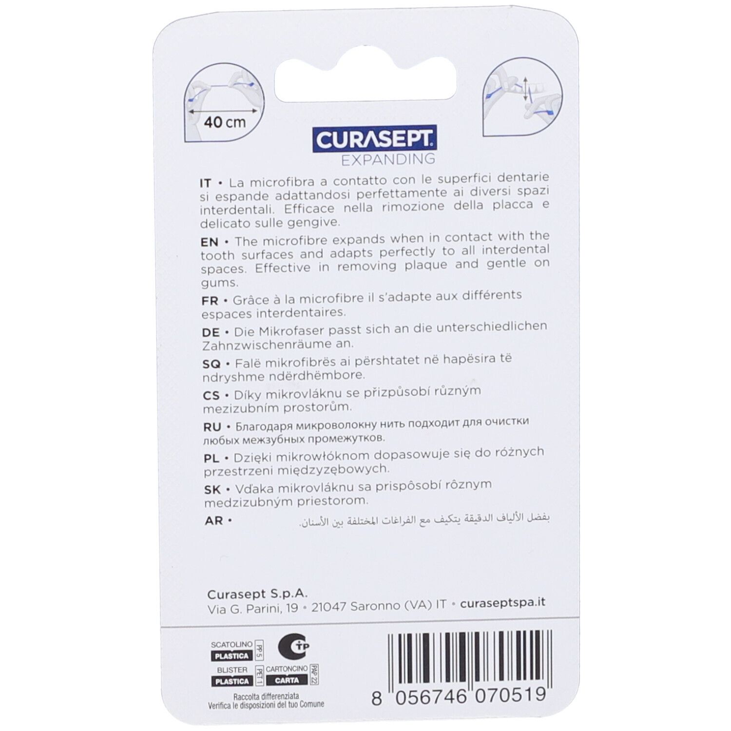 Rückseite der Curasept Expanding Verpackung. Text in mehreren Sprachen, Herstellerinformationen und Strichcode.