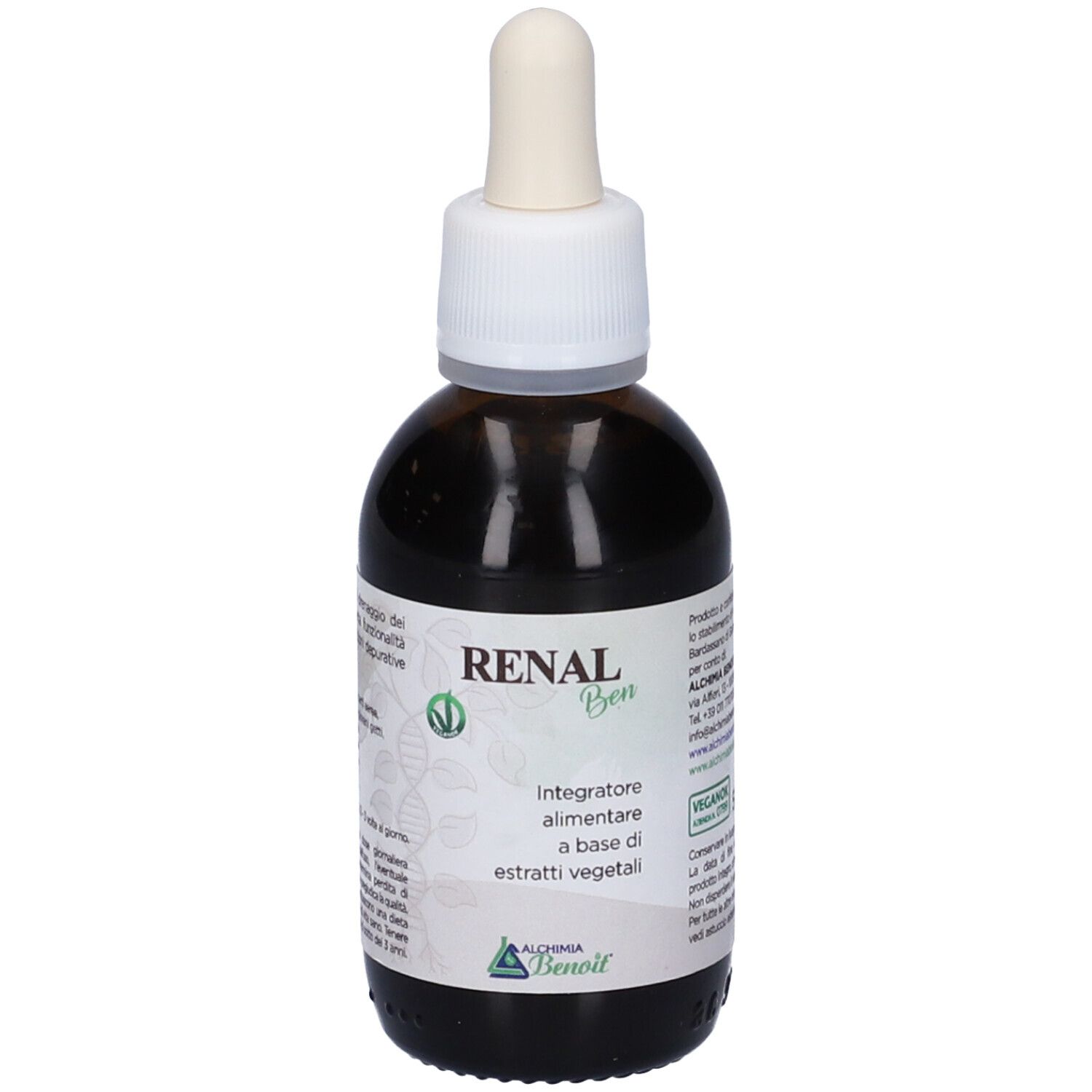 Flacone di vetro marrone con tappo bianco e contagocce. Scritta: Renal Ben, Integratore alimentare. Sigillo vegano.