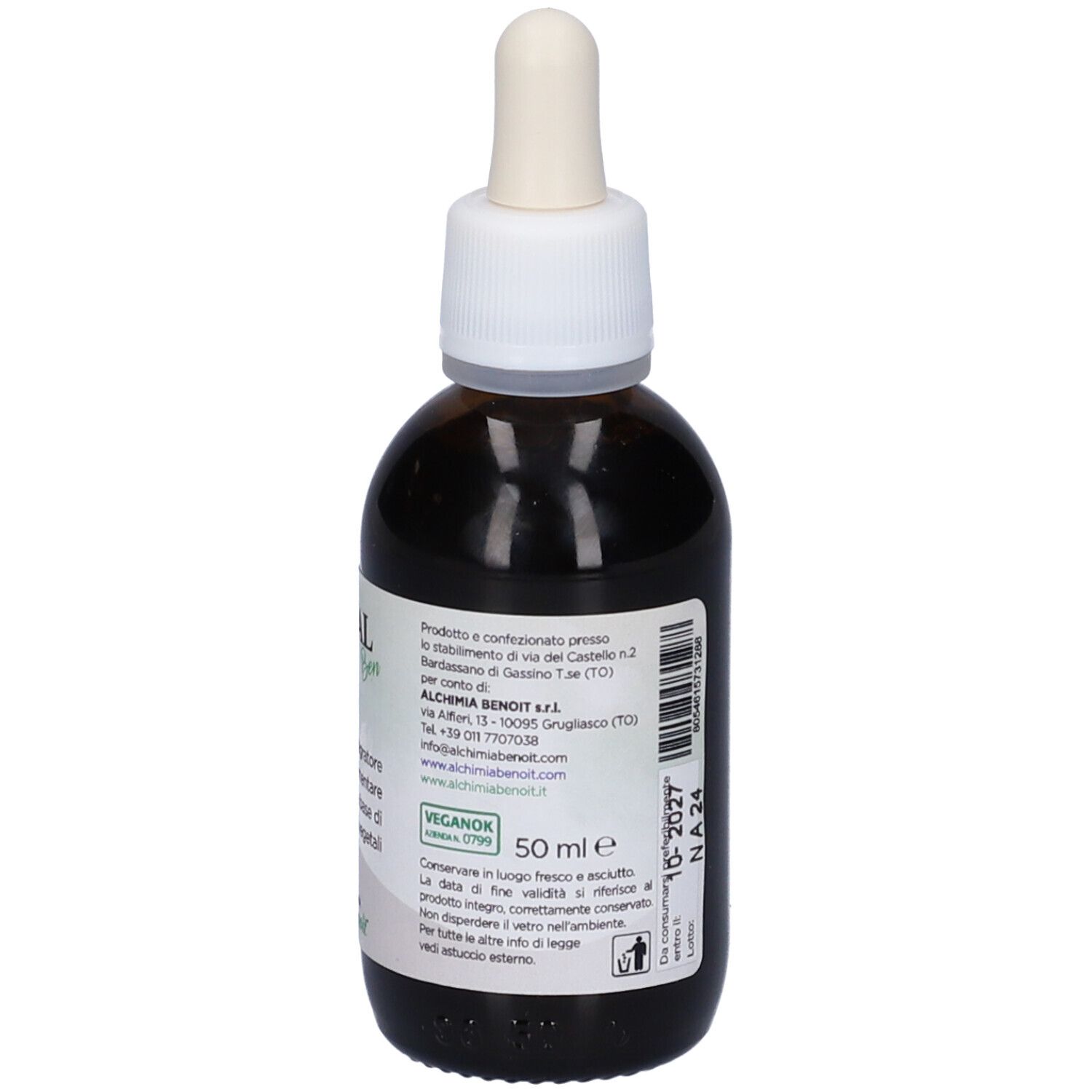 Flacone di vetro marrone con tappo bianco e contagocce. Etichetta con informazioni produttore e data di scadenza. Sigillo vegano.