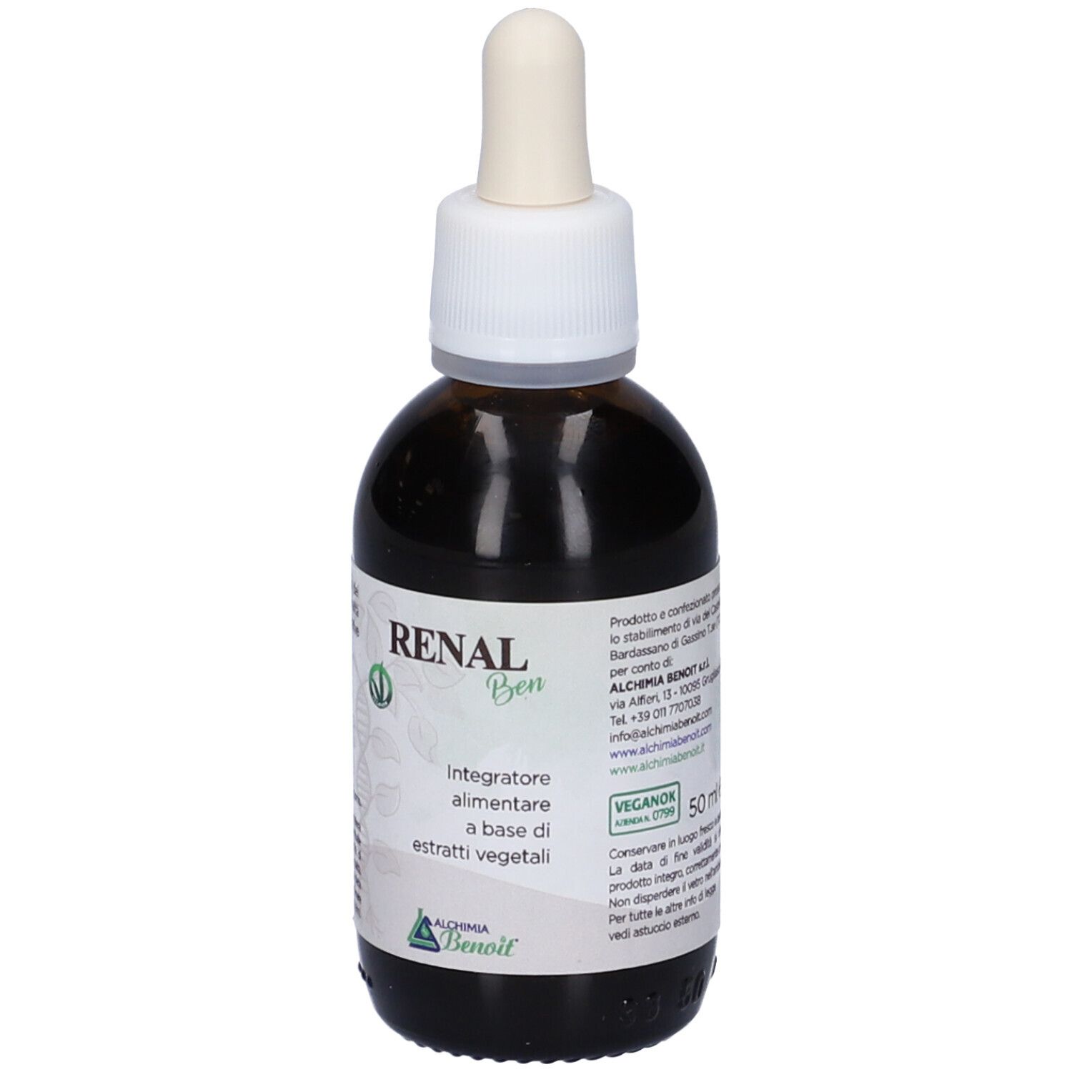 Flacone di vetro marrone con tappo bianco e contagocce. Scritta: Renal Ben, Integratore alimentare. Sigillo vegano. 50 ml.