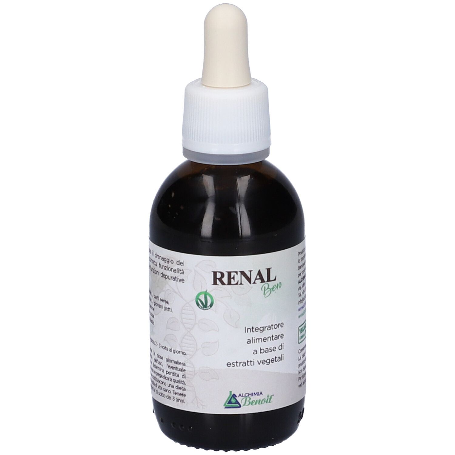 Flacone di vetro marrone con tappo bianco e contagocce. Scritta: Renal Ben, Integratore alimentare. Sigillo vegano.