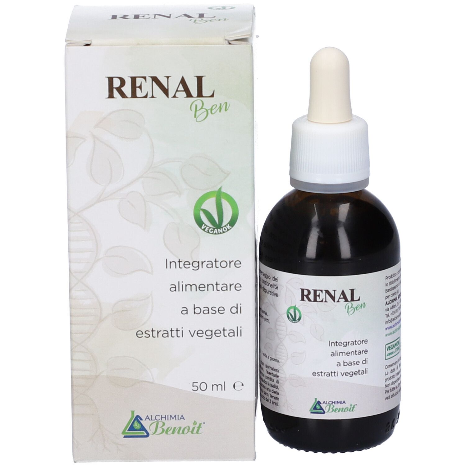 Confezione del prodotto con flacone e contagocce. Scritta: Renal Ben, Integratore alimentare. Sigillo vegano. 50 ml.