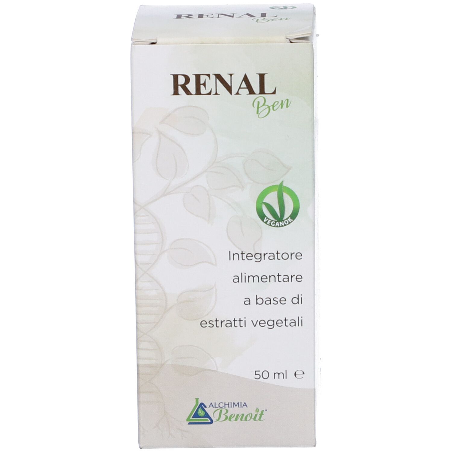 Confezione del prodotto. Scritta: Renal Ben, Integratore alimentare. Sigillo vegano. 50 ml.