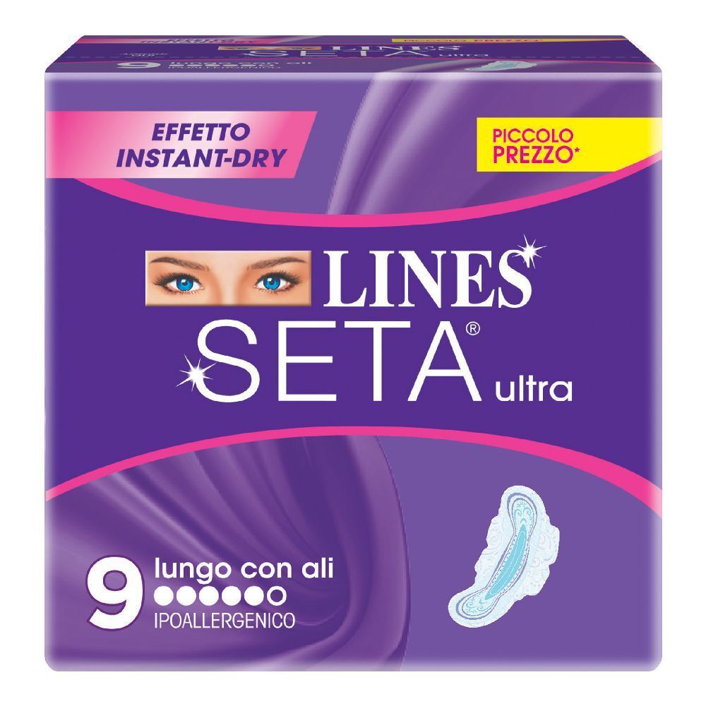 Confezione LINES SETA® Ultra Lungo con Ali. Imballaggio viola con immagine e testo del prodotto. 9 pezzi, ipoallergenico.