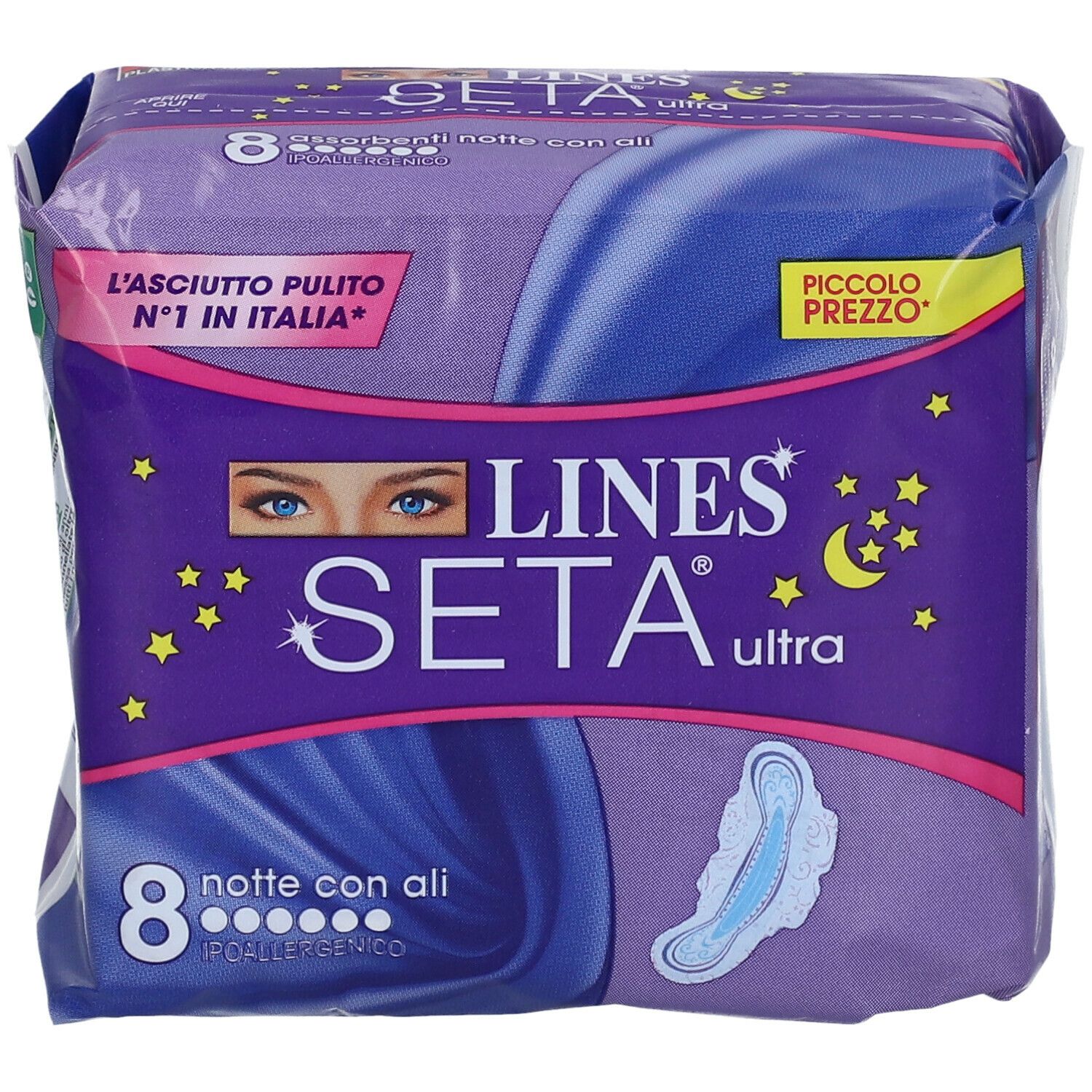 Confezione LINES SETA Ultra Notte con Ali. 8 pezzi. Confezione viola con immagine prodotto e testo.