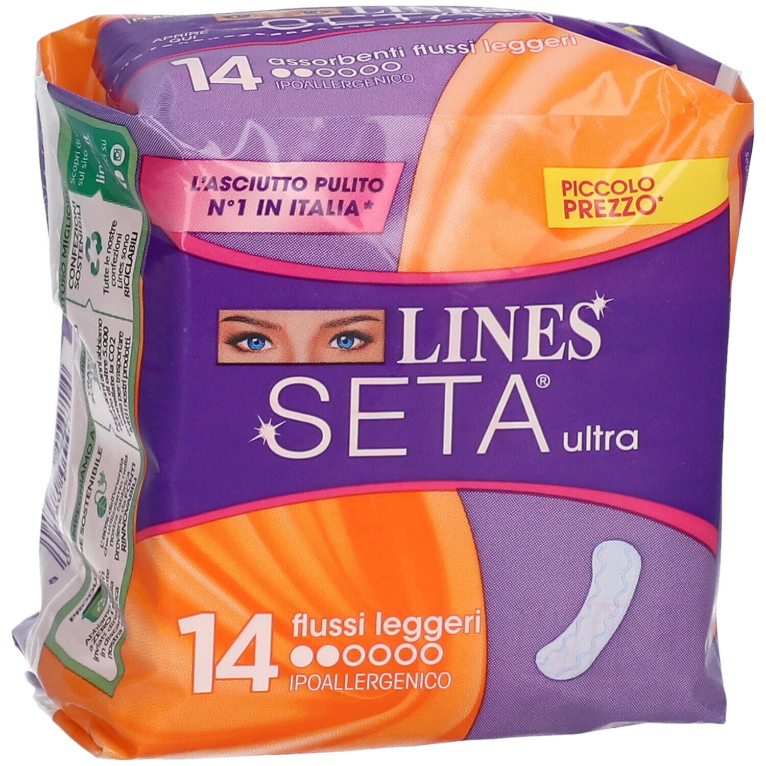 Confezione da 14 assorbenti LINES Seta Ultra. Confezione viola e arancione con immagine del prodotto.