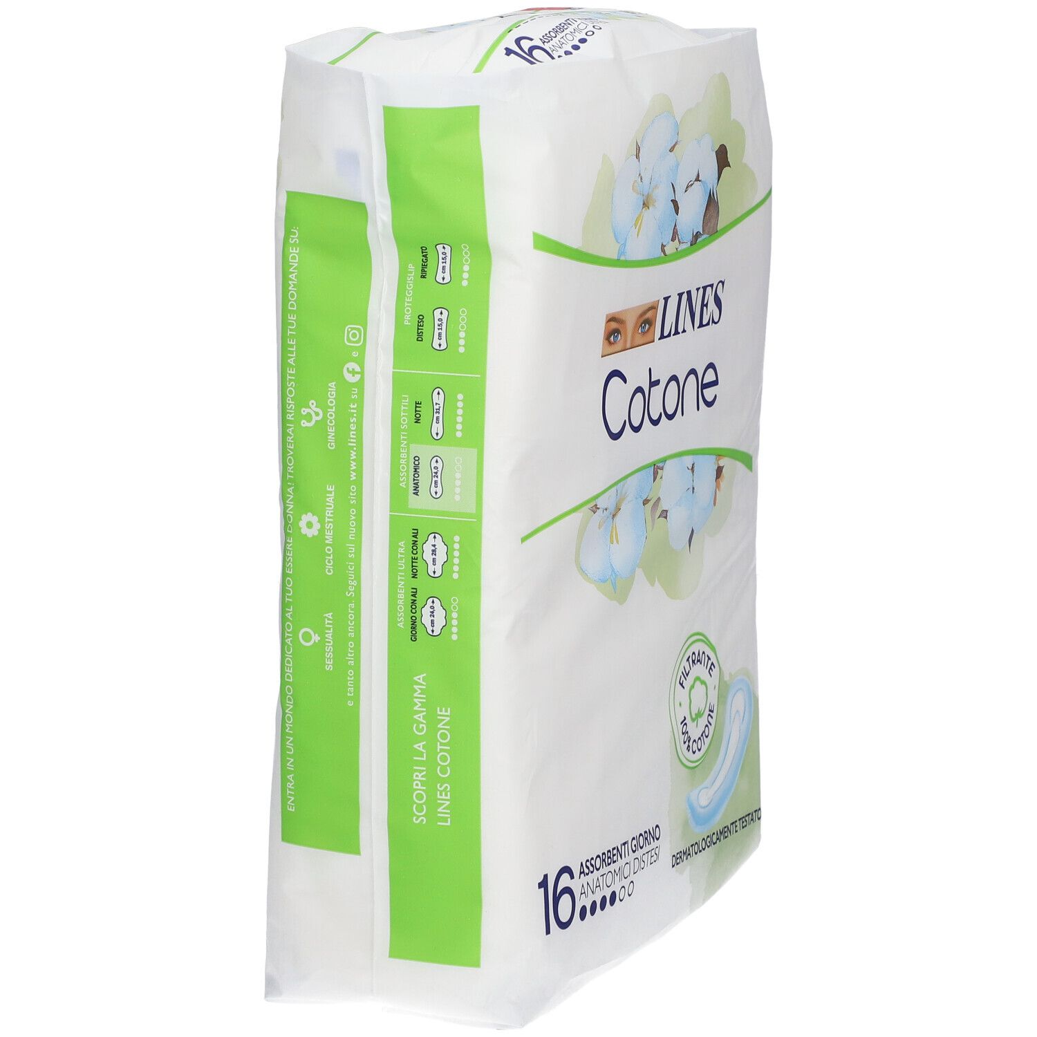 Verpackung von LINES Cotone, 16 anatomische Damenbinden. Seitenansicht. Grüne und weiße Verpackung mit Produktinformationen.