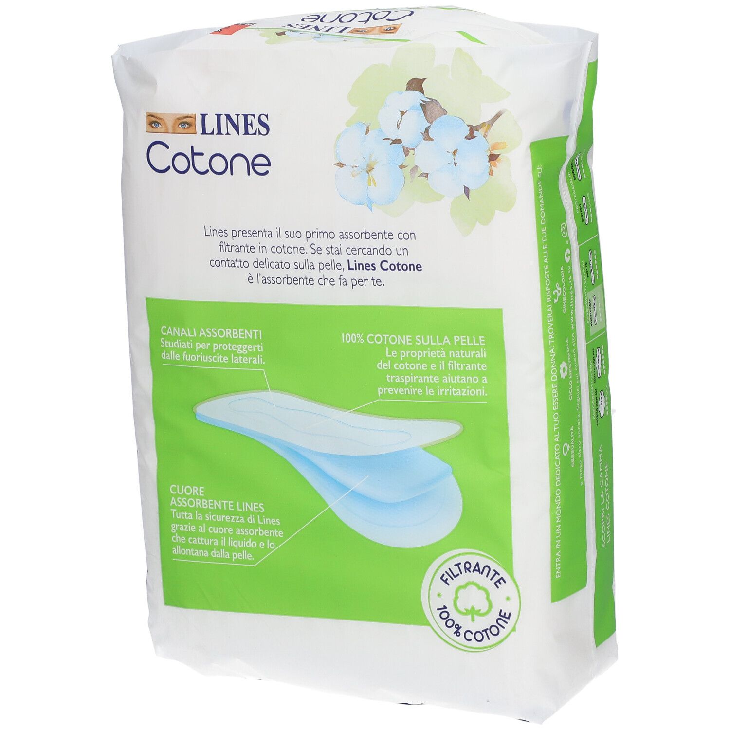 Verpackung von LINES Cotone. 16 anatomische Damenbinden. Produktabbildung und Text über die Eigenschaften des Produkts.