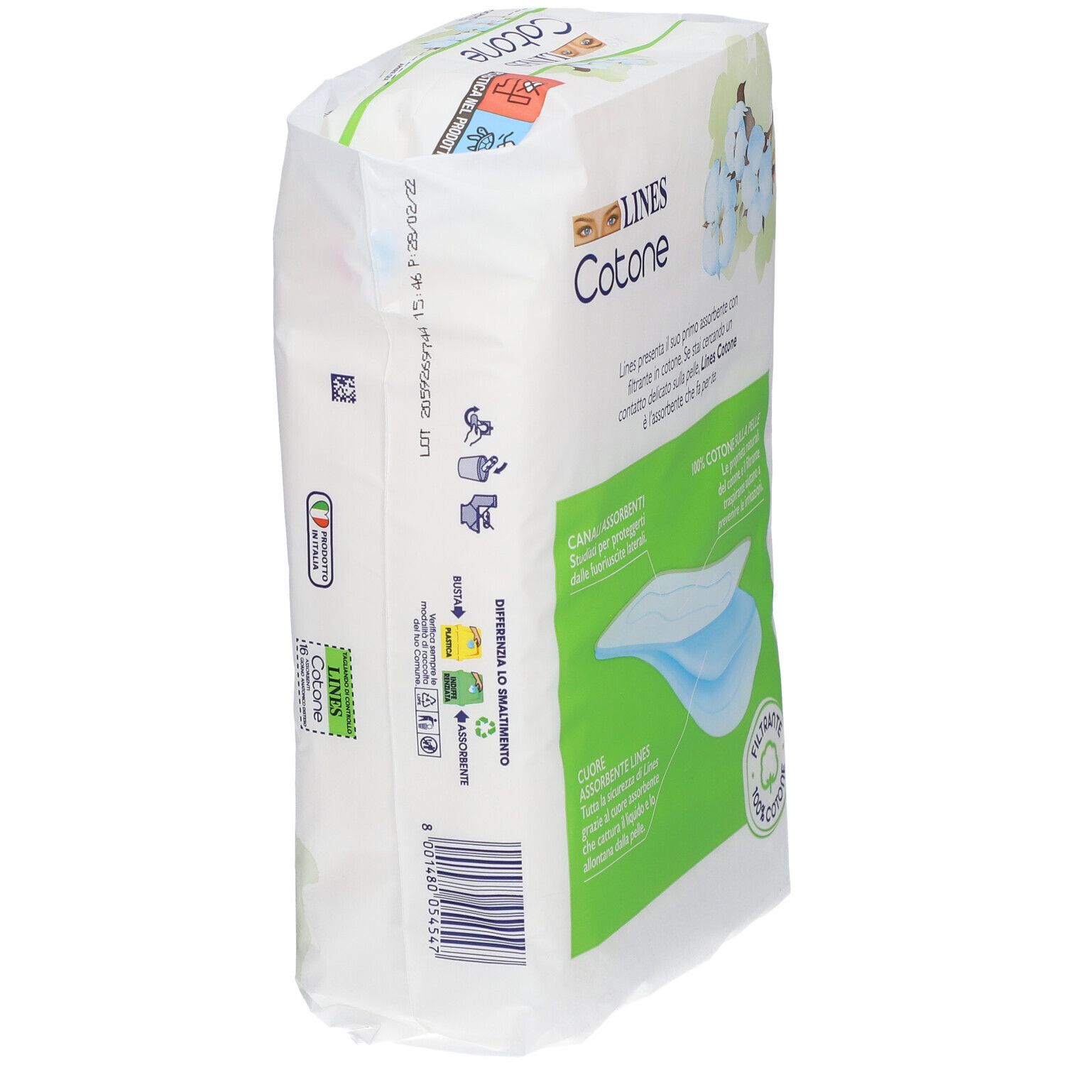 Verpackung von LINES Cotone, 16 anatomische Damenbinden. Rückseite mit Produktinformationen, Zertifizierungen und Recycling-Symbolen.