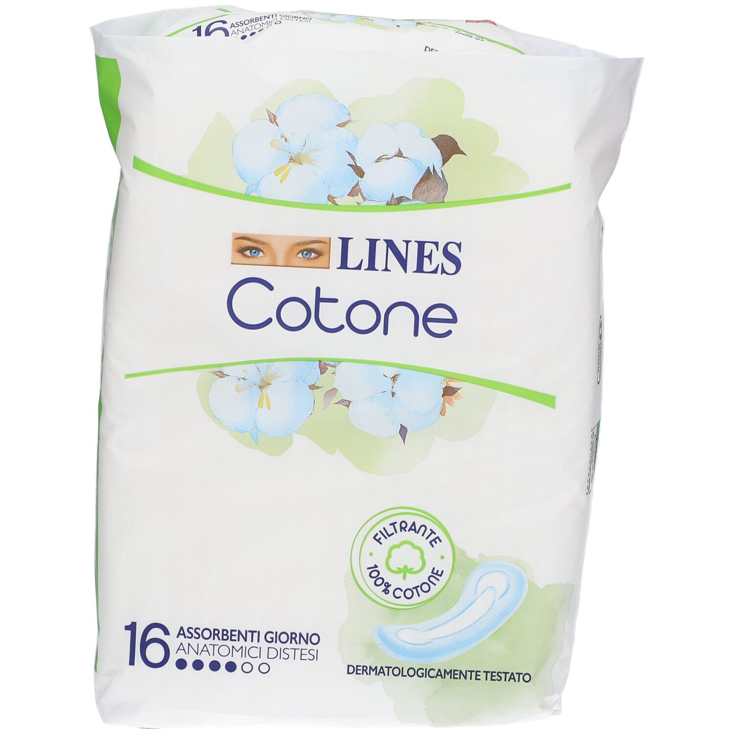Verpackung von 16 anatomischen Damenbinden LINES Cotone. Mit Baumwollfilter und dermatologisch getestet. Weiß und grün.
