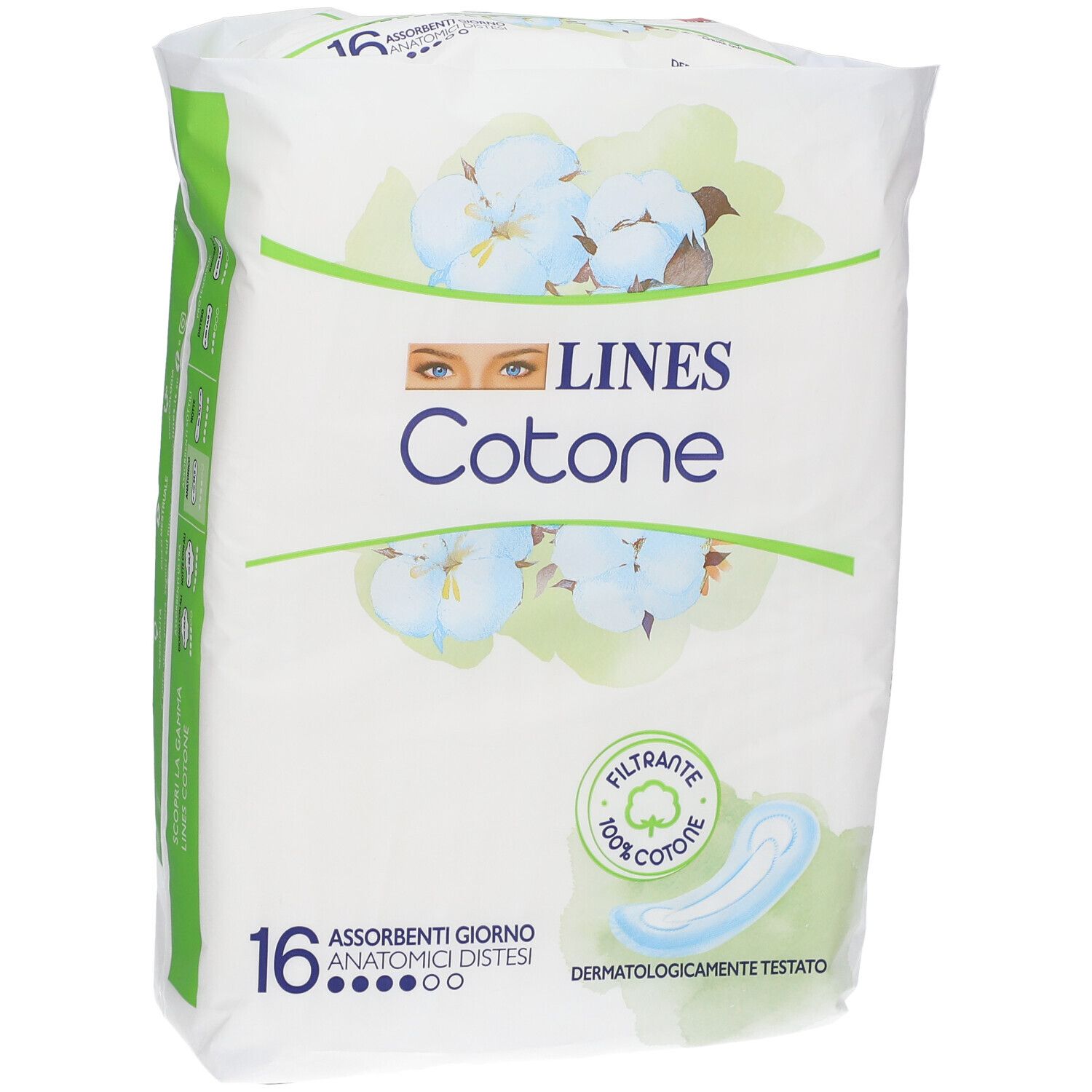 Verpackung von 16 anatomischen Damenbinden LINES Cotone. Mit Baumwollfilter und dermatologisch getestet. Weiß und grün.