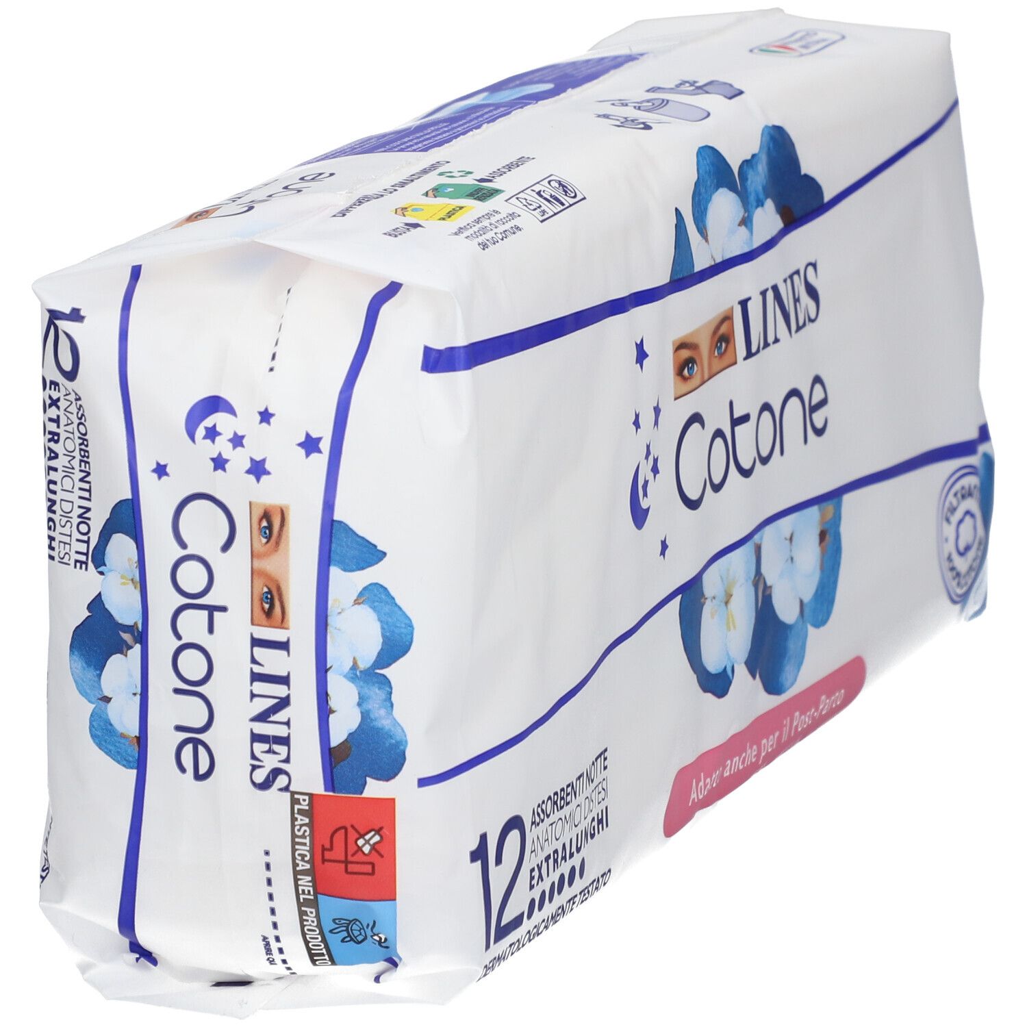 Verpackung mit 12 saugfähigen Nachtbinden aus Baumwolle. Dermatologisch getestet. Geeignet für nach der Geburt.