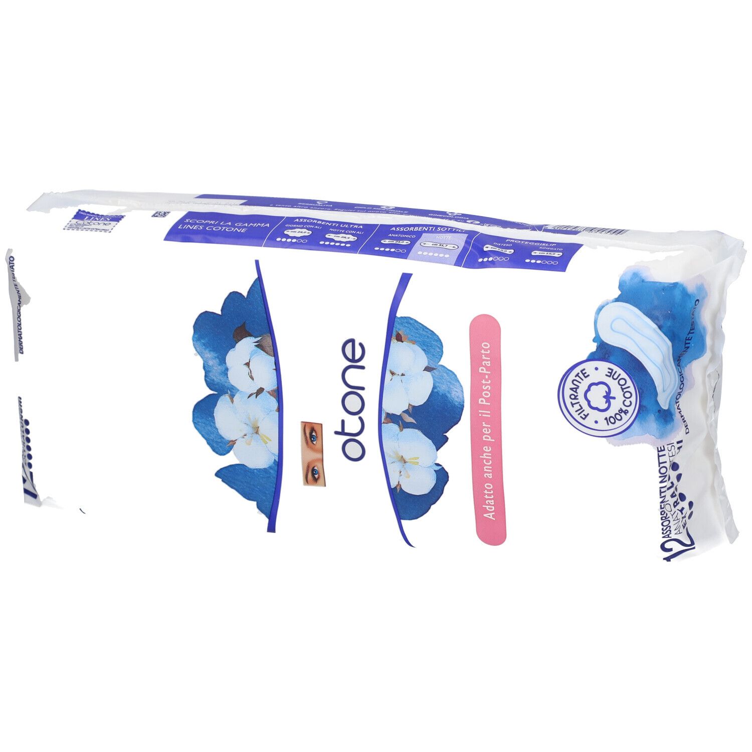 Verpackung mit 12 saugfähigen Nachtbinden aus Baumwolle. Dermatologisch getestet. Geeignet für nach der Geburt.