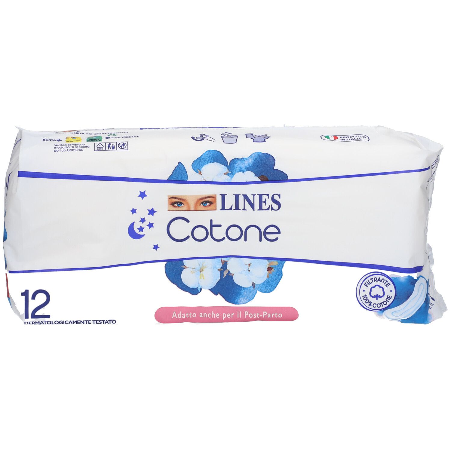 Verpackung mit 12 saugfähigen Baumwollbinden. Dermatologisch getestet. Geeignet für nach der Geburt.