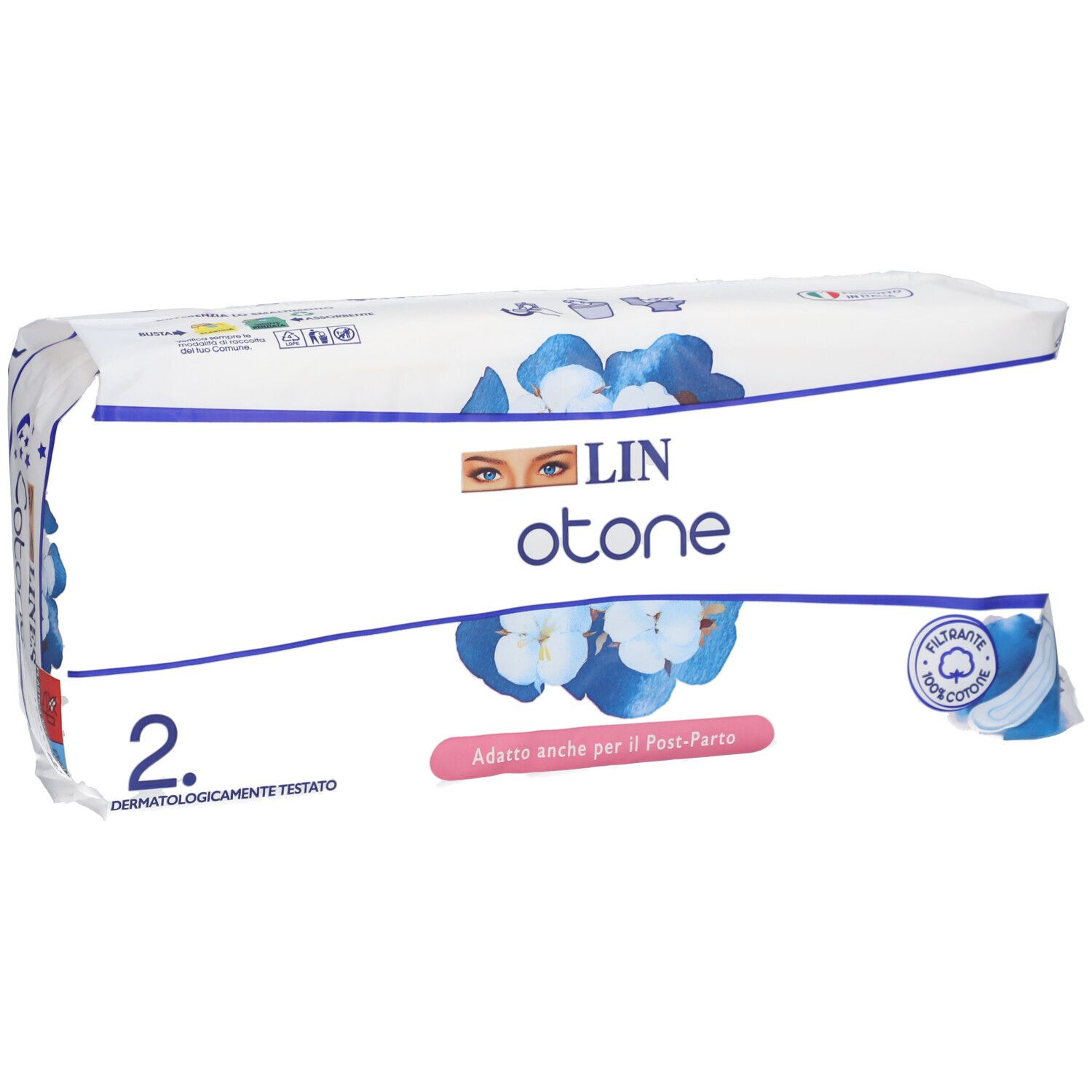 Verpackung mit 2 saugfähigen Baumwollbinden. Dermatologisch getestet. Geeignet für nach der Geburt.