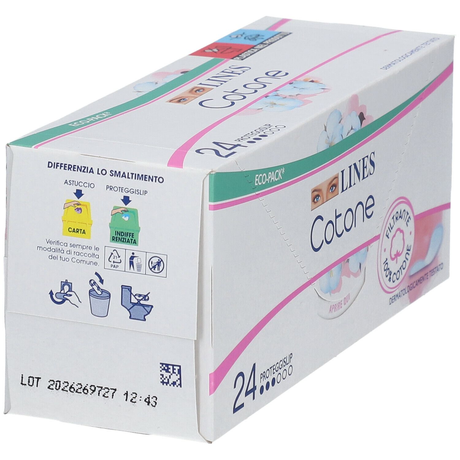 Confezione di 24 proteggislip LINES Cotone. 100% cotone. Dermatologicamente testato. Eco-pack.