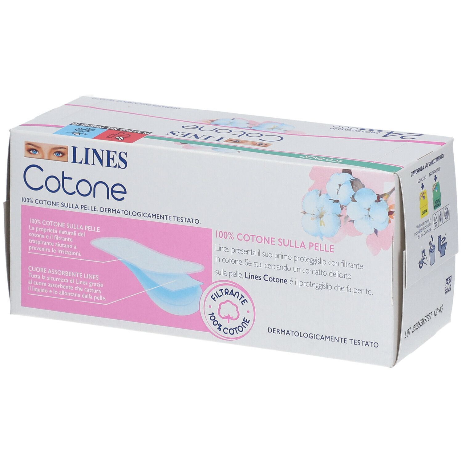 Confezione di 24 proteggislip LINES Cotone. 100% cotone. Dermatologicamente testato. Eco-pack.