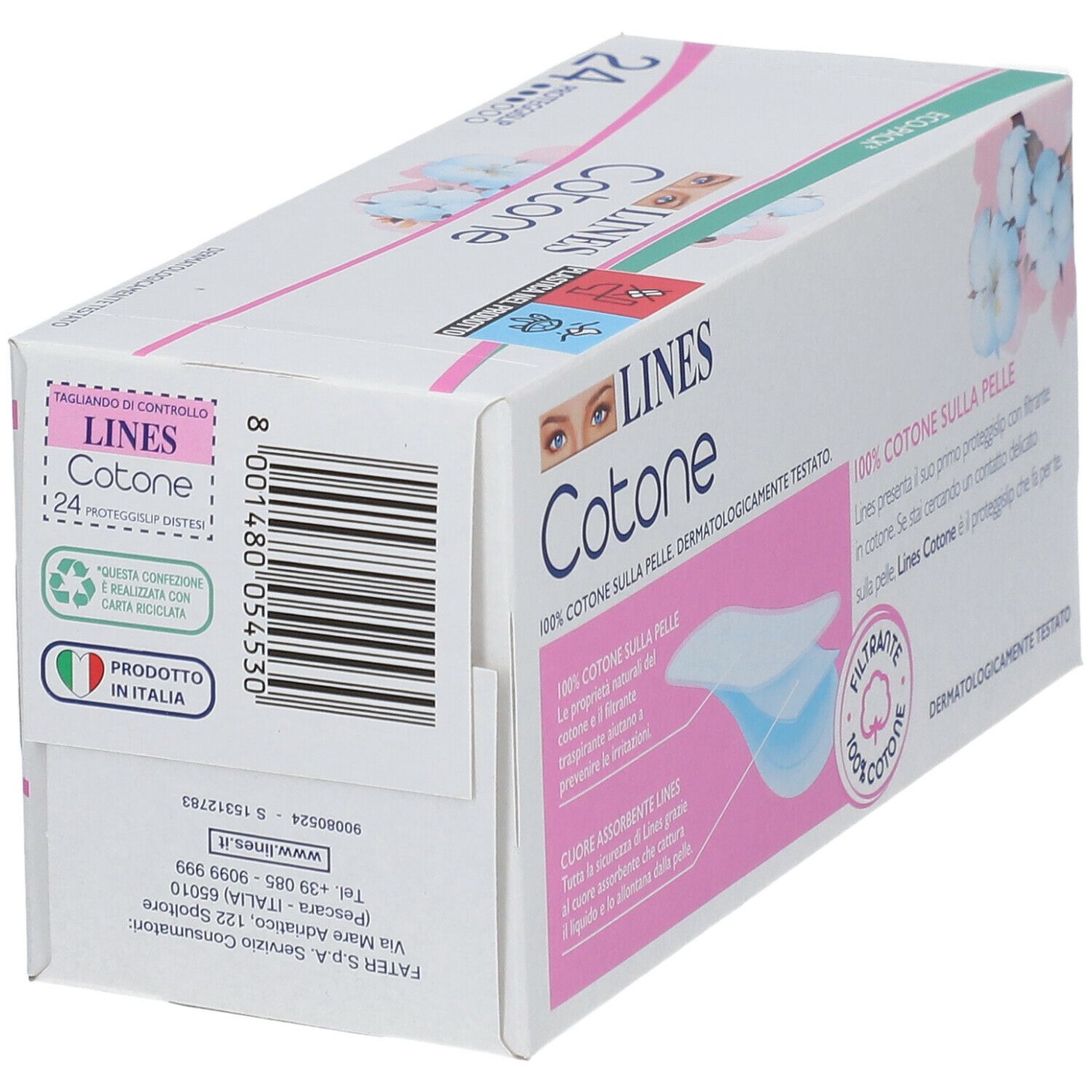 Confezione di 24 proteggislip LINES Cotone. 100% cotone. Dermatologicamente testato. Eco-pack.