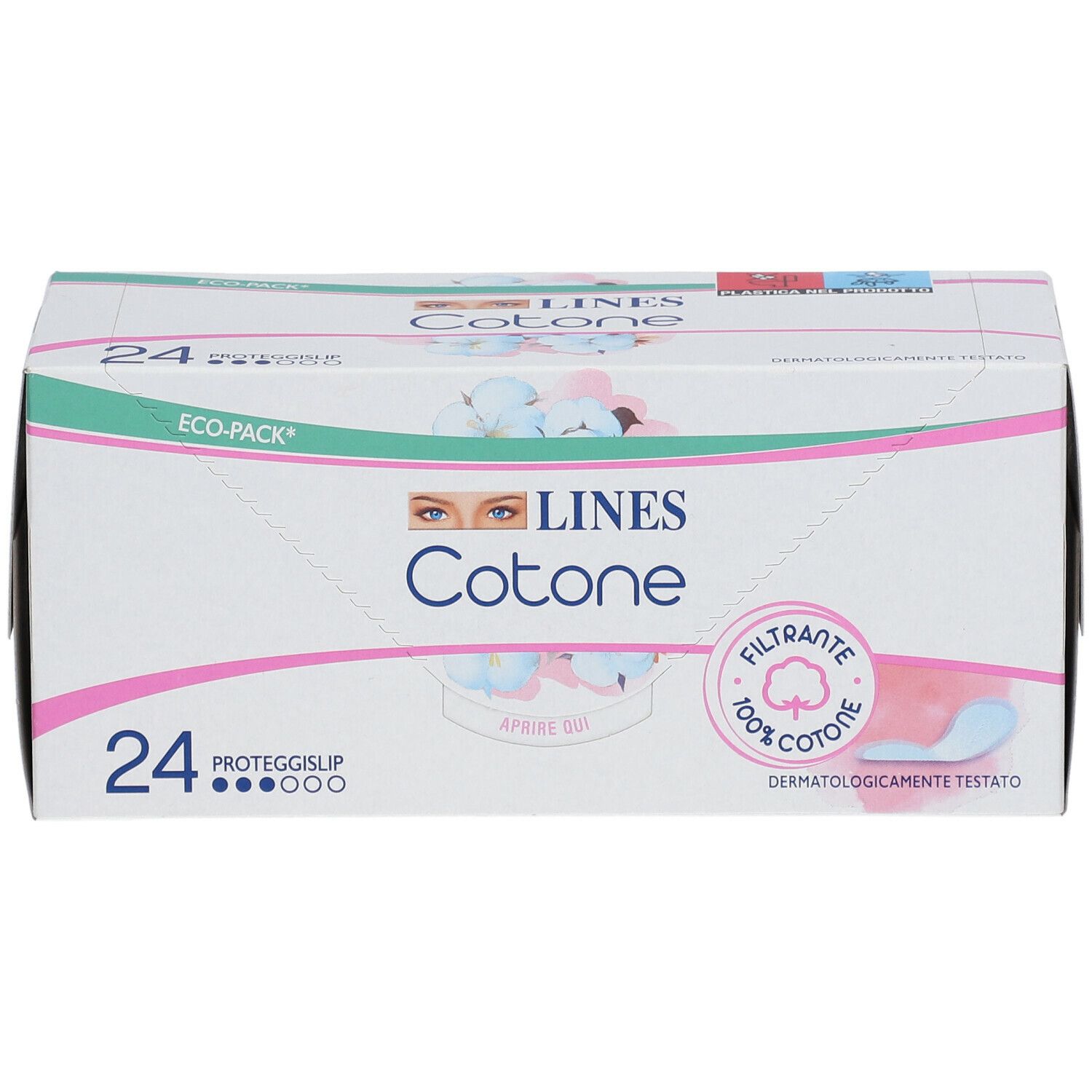 Confezione di 24 proteggislip LINES Cotone. 100% cotone. Dermatologicamente testato. Eco-pack.