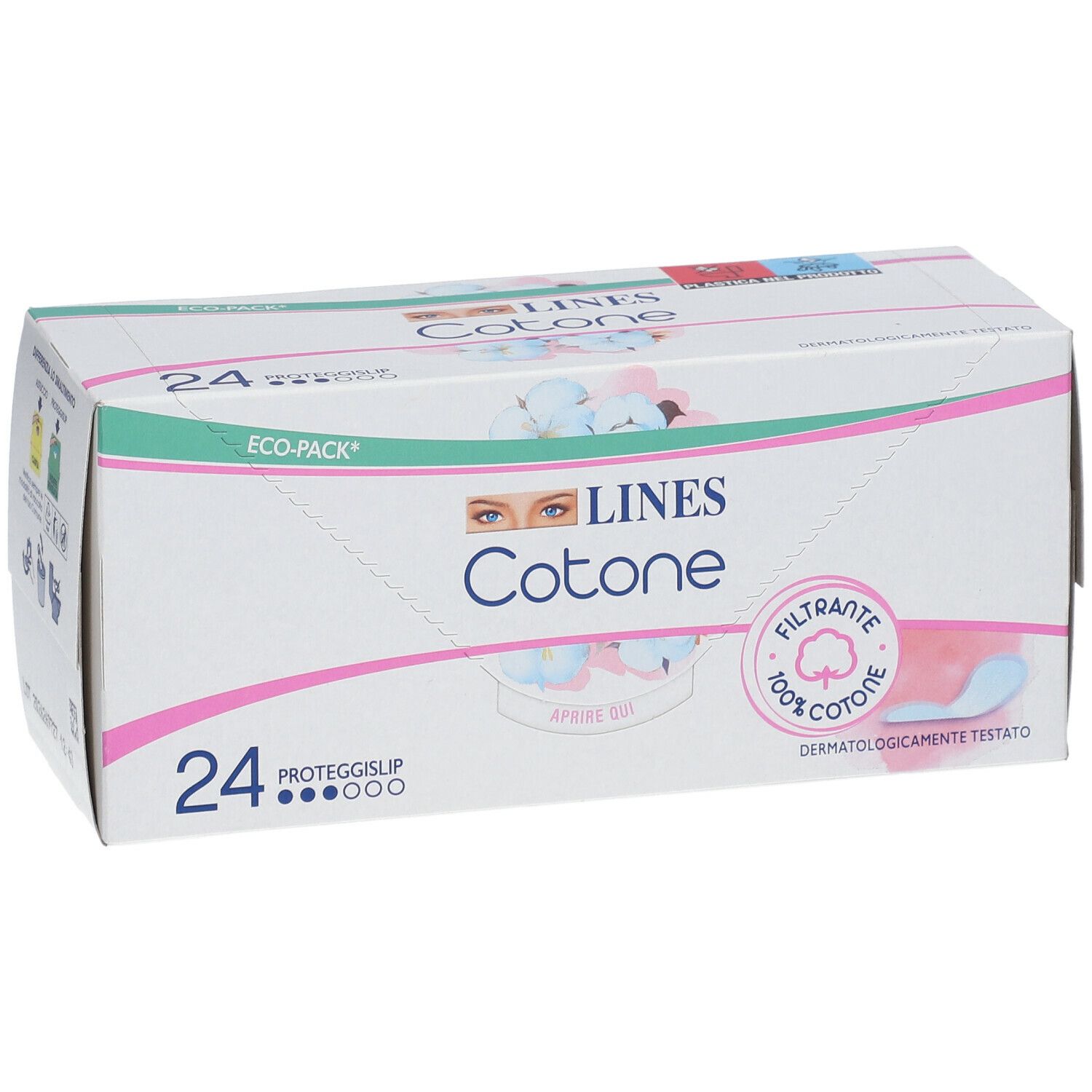 Confezione di 24 proteggislip LINES Cotone. 100% cotone. Dermatologicamente testato. Eco-pack.