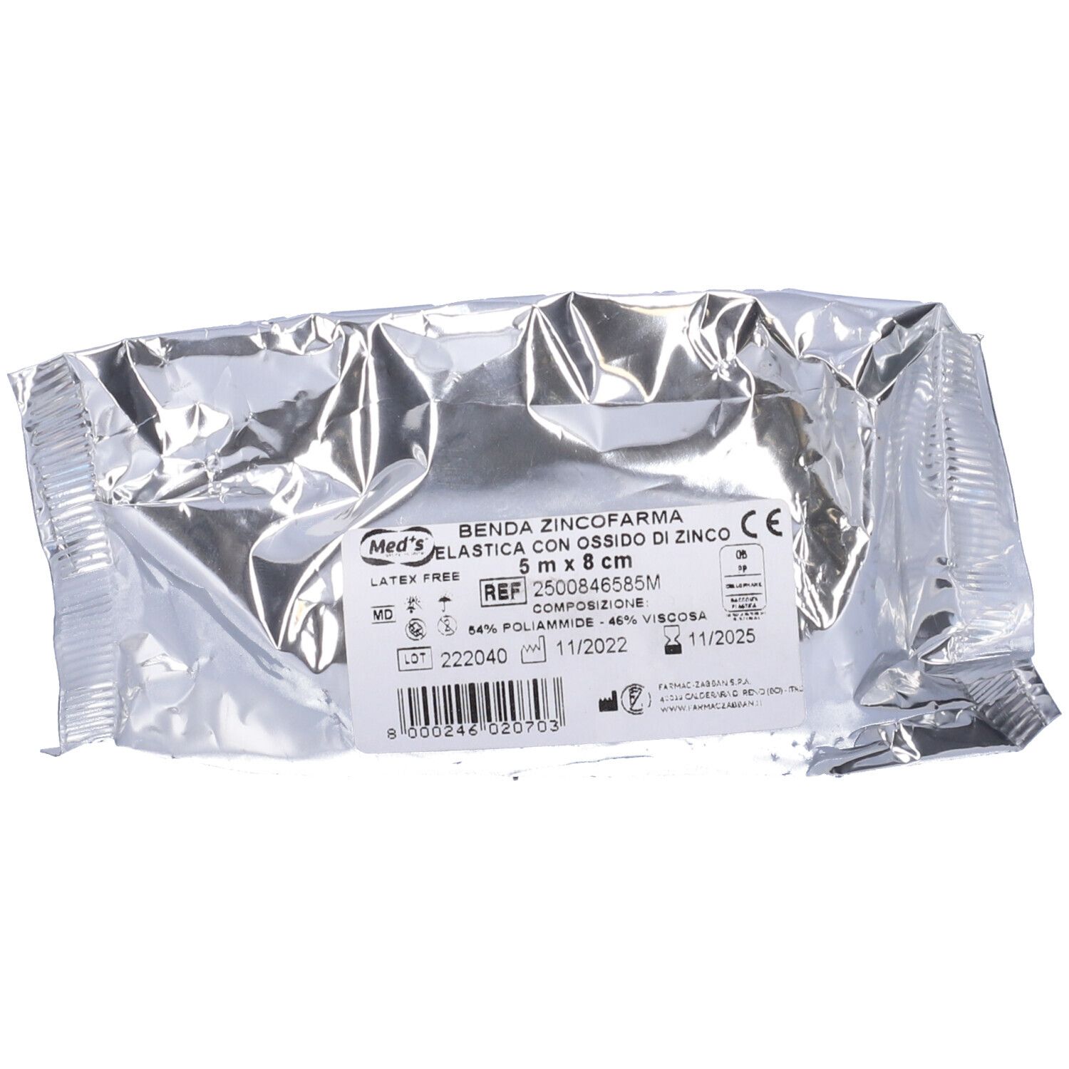 Benda Meds confezionata. Confezione argentata. Testo: Benda Zincofarma, 5 m x 8 cm, Latex Free, 64% Poliammide, 36% Viscosa.