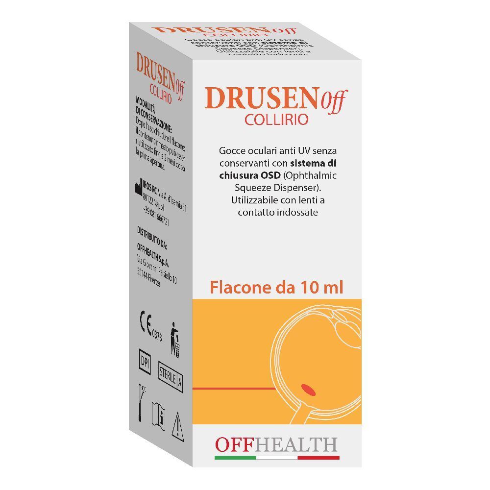 Scatola di DRUSENoff Collirio. Confezione bianca con nome e informazioni. Design arancione con illustrazione dell'occhio.