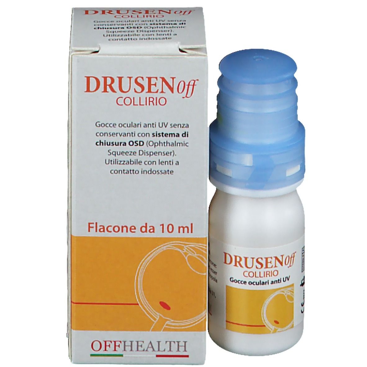 Flacone e confezione di DRUSENoff Collirio. Flacone bianco con tappo blu, accanto alla confezione.