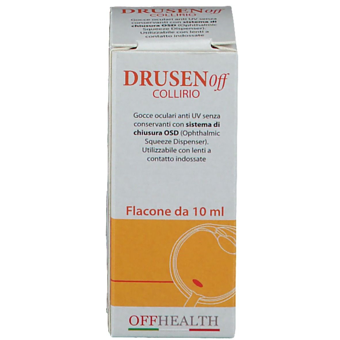 Scatola di DRUSENoff Collirio. Confezione bianca con nome e informazioni. Design arancione.