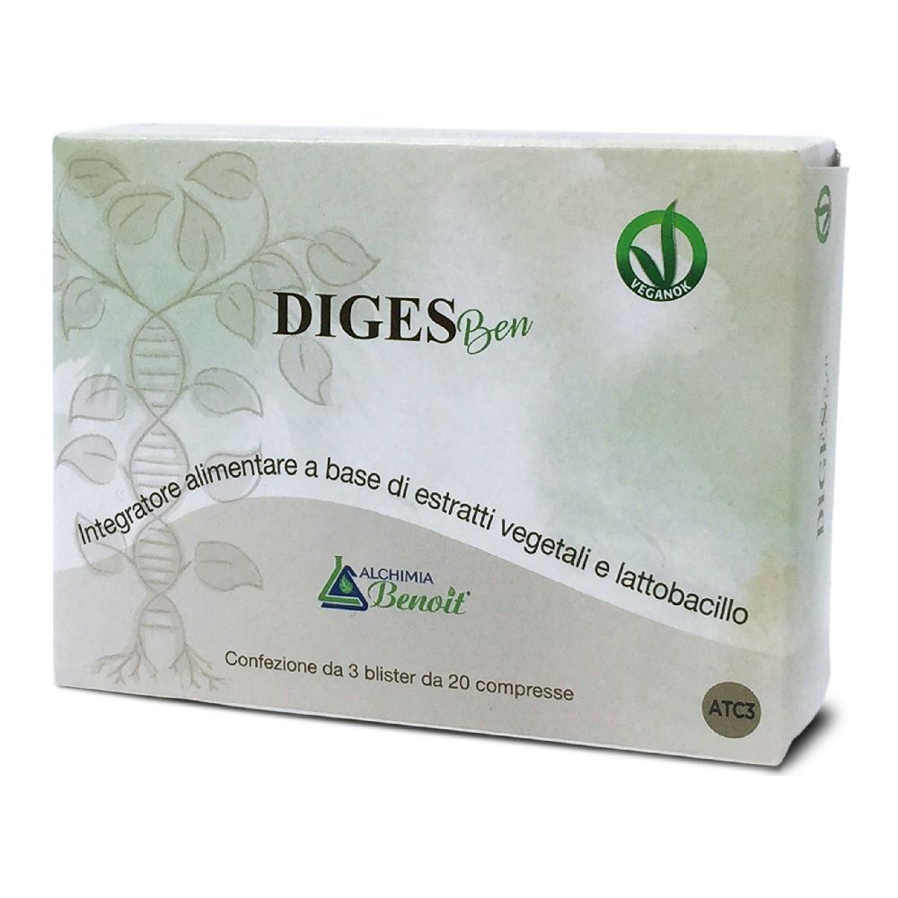 Scatola DIGESBen, Alchemia Benoit. Logo vegano. Integratore alimentare a base di estratti vegetali e lattobacilli. 3 blister da 20 compresse.