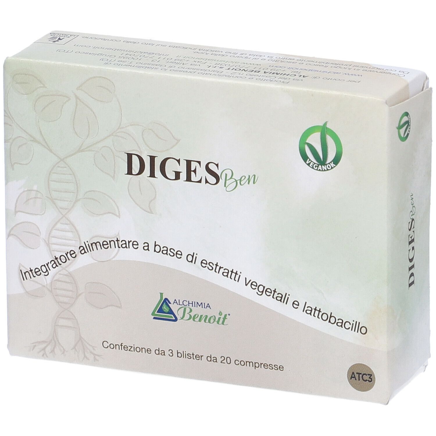 Scatola DIGESBen, Alchemia Benoit. Logo vegano. Integratore alimentare a base di estratti vegetali e lattobacilli. 3 blister da 20 compresse.