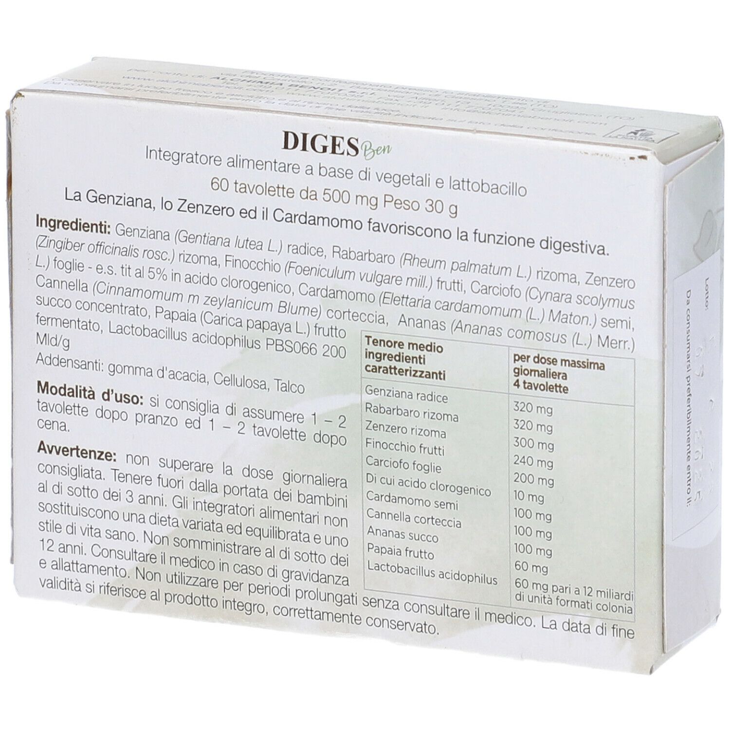 Scatola DIGESBen, Alchemia Benoit. Ingredienti e informazioni nutrizionali. 60 compresse. Integratore a base di vegetali e lattobacilli.