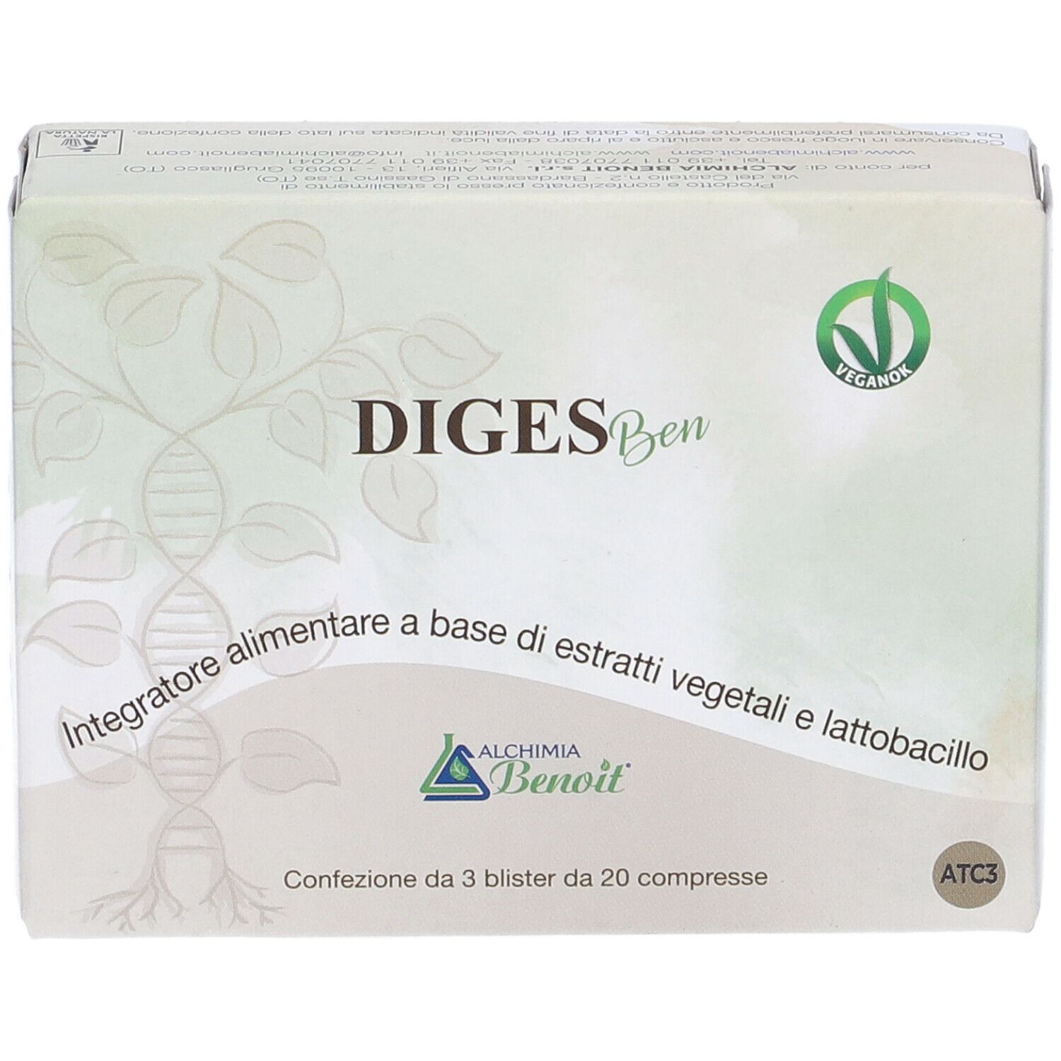 Scatola DIGESBen, Alchemia Benoit. Logo vegano. Integratore alimentare a base di estratti vegetali e lattobacilli. 3 blister da 20 compresse.