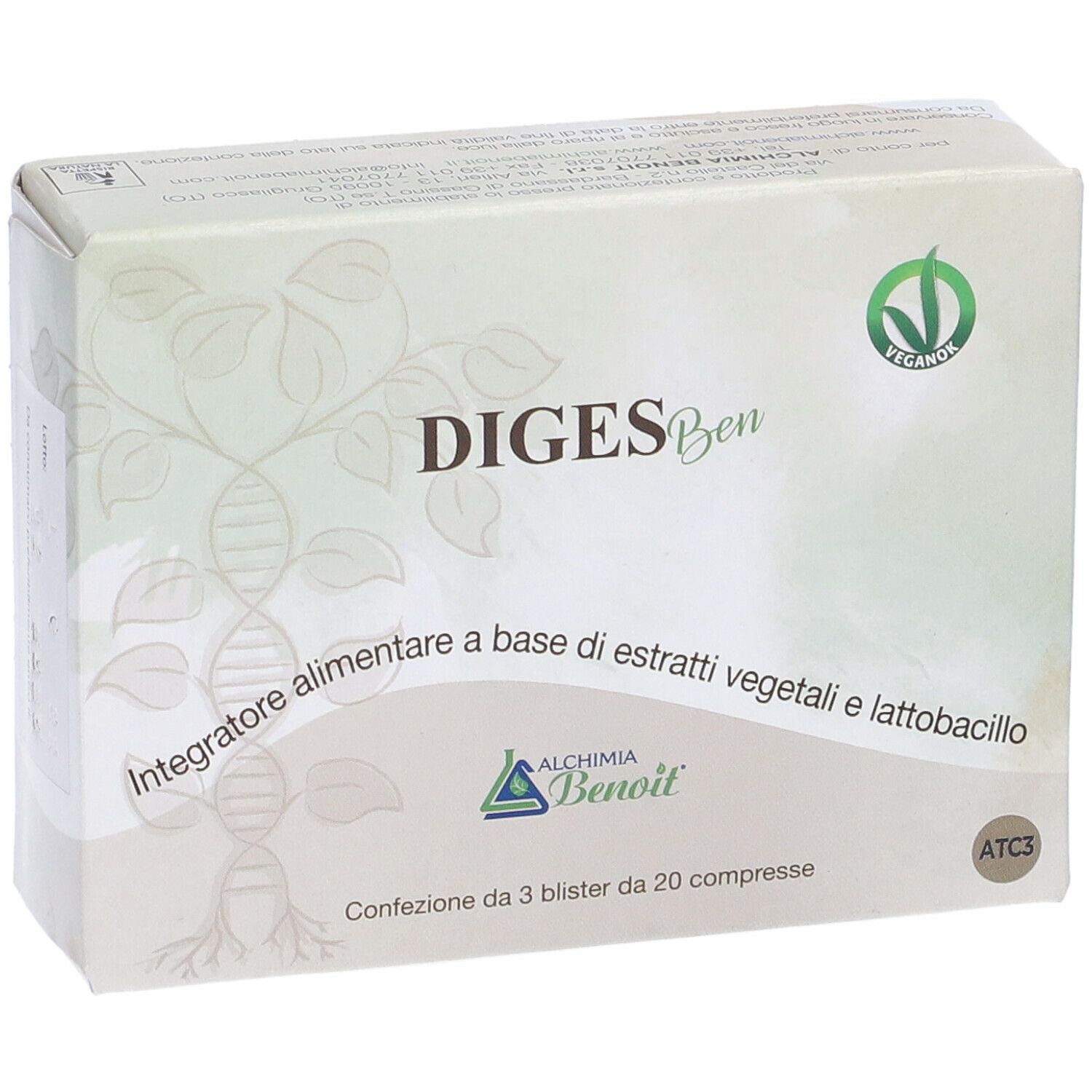 Scatola DIGESBen, Alchemia Benoit. Logo vegano. Integratore alimentare a base di estratti vegetali e lattobacilli. 3 blister da 20 compresse.