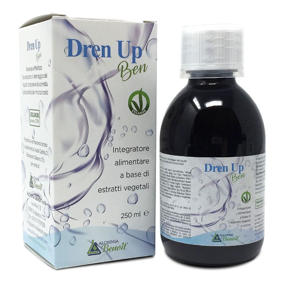 Integratore alimentare liquido in bottiglia e scatola. Scritta: Dren Up Ben. Marchio: Alchemia Benoit. 250 ml.