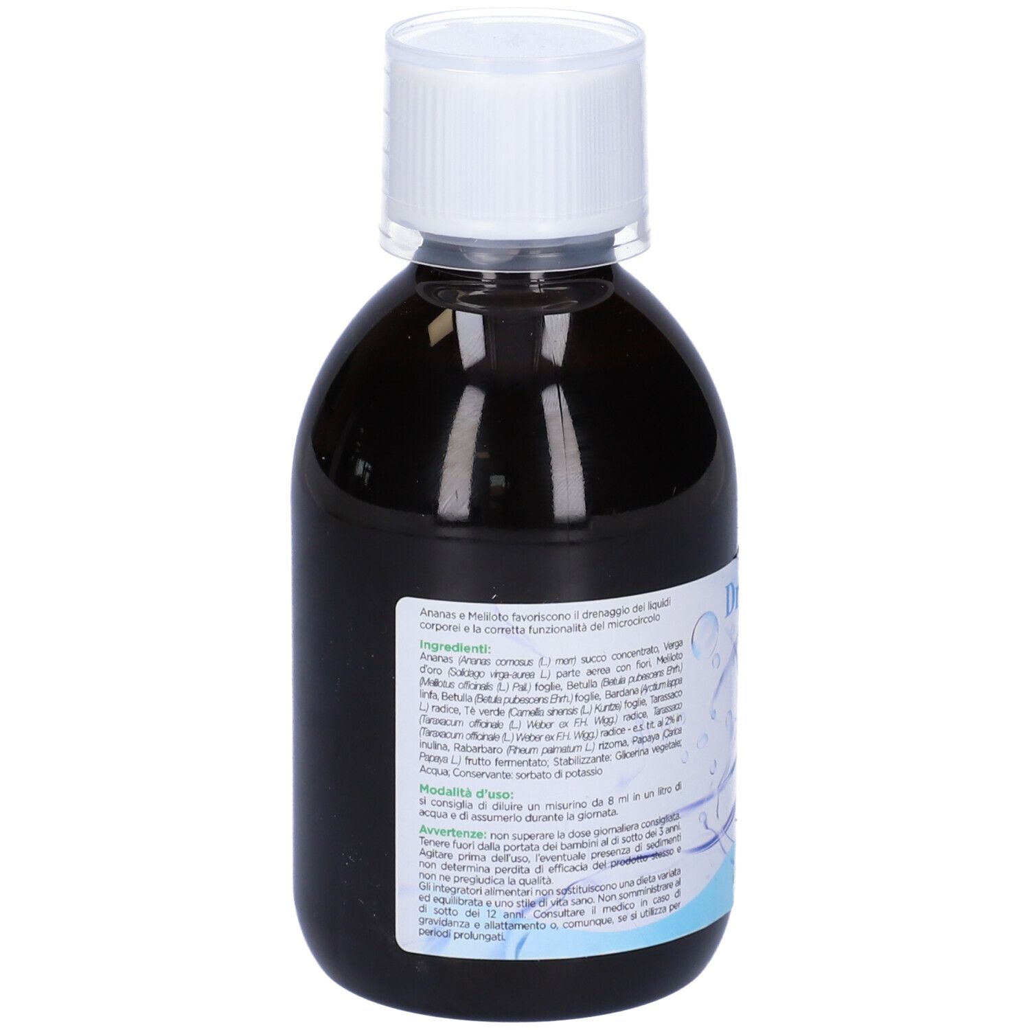 Retro di una bottiglia di liquido marrone. Scritta: Ingredienti, istruzioni per l'uso. Marchio: Alchemia Benoit. Vegano.