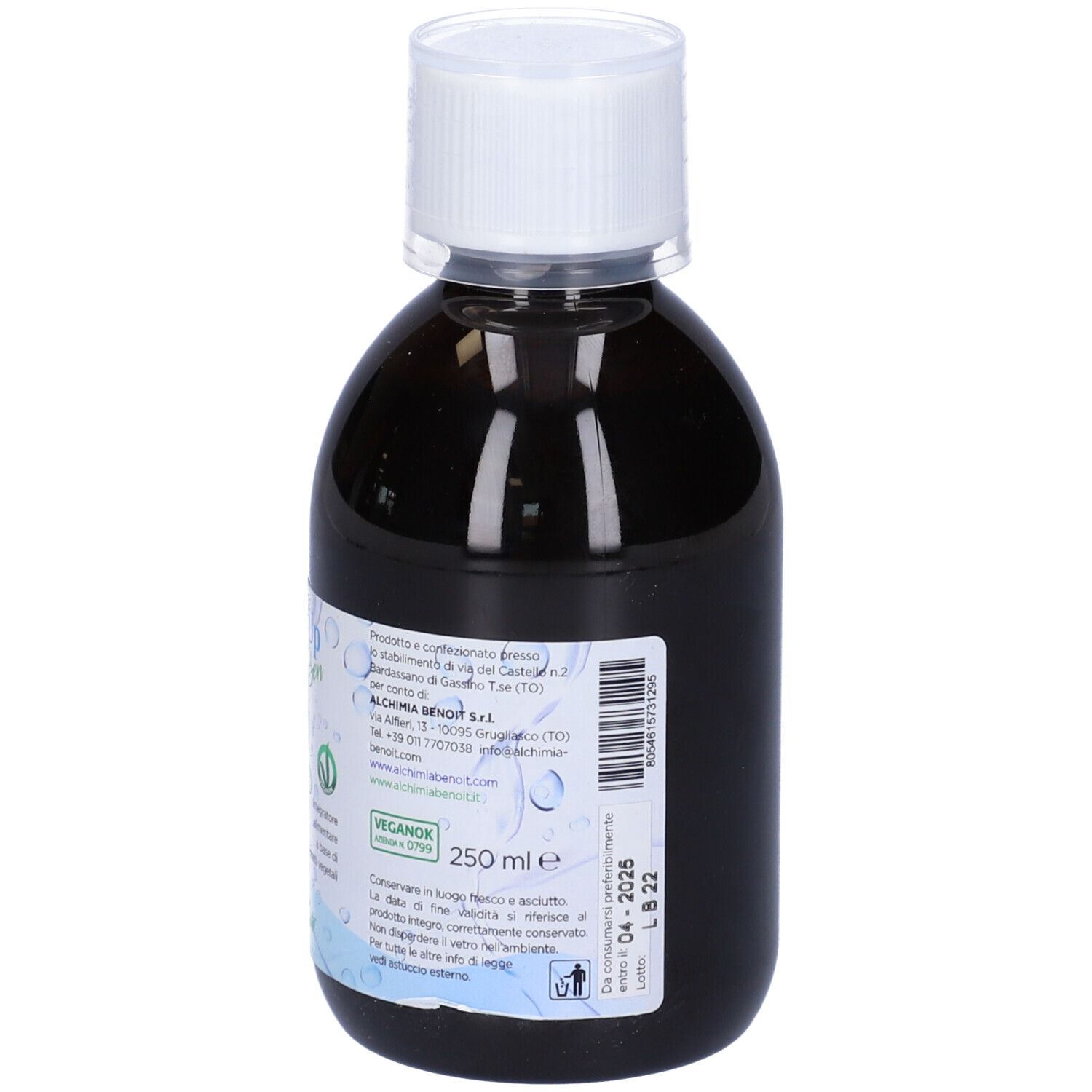 Bottiglia con liquido marrone, tappo bianco. Scritta: Dren Up Ben. Marchio: Alchemia Benoit. 250 ml. Certificazione vegana.