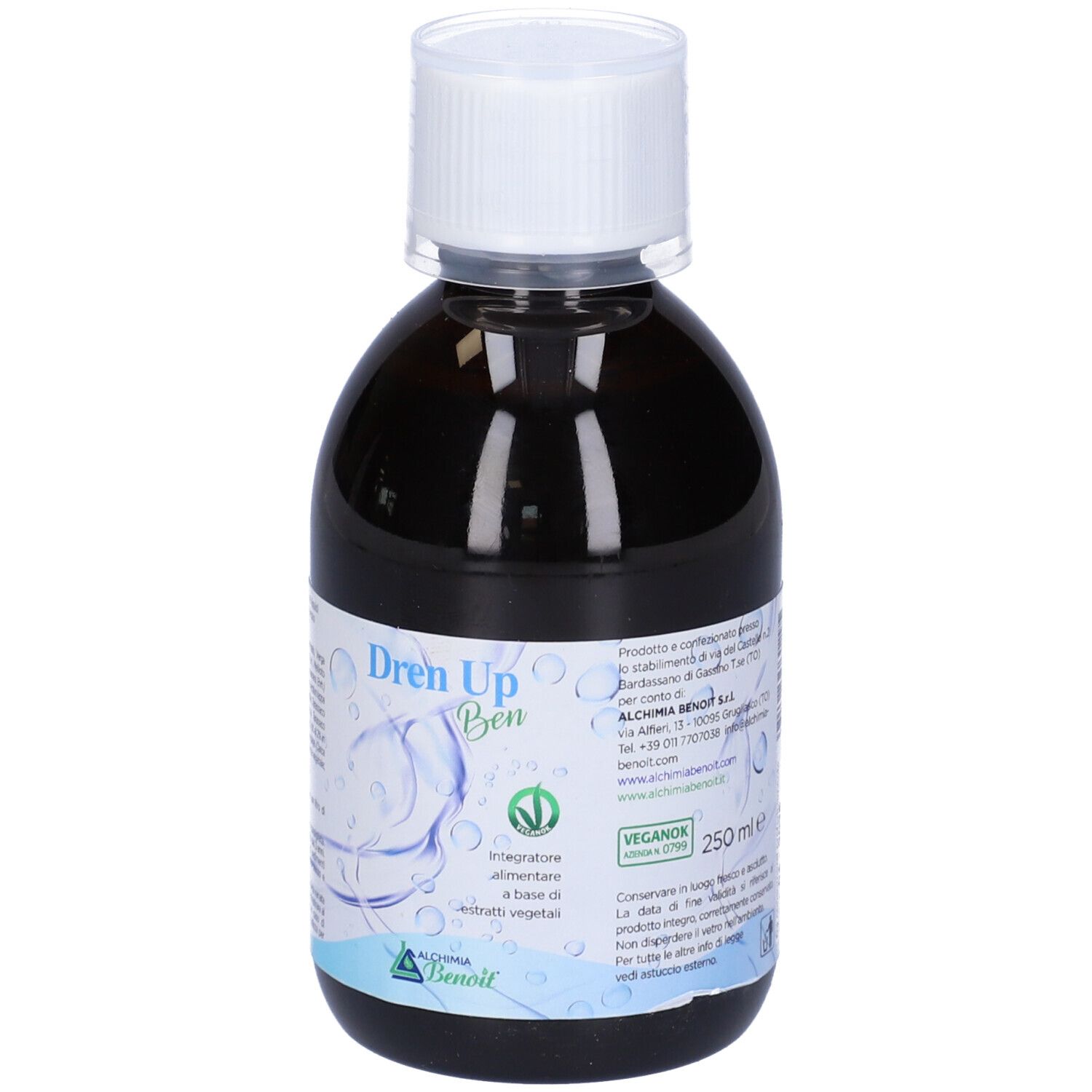 Bottiglia con liquido marrone, tappo bianco. Scritta: Dren Up Ben. Marchio: Alchemia Benoit. 250 ml. Certificazione vegana.