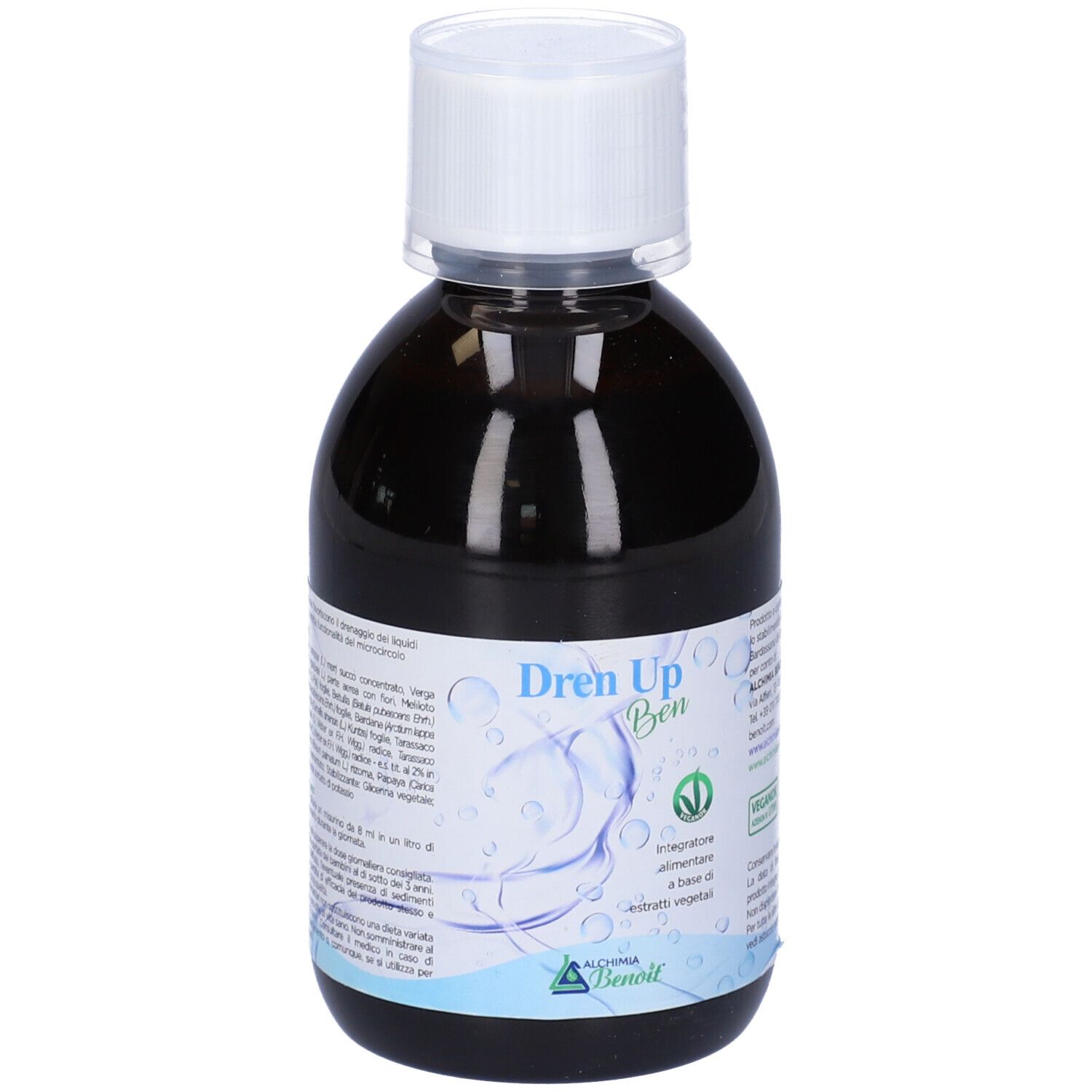 Bottiglia con liquido marrone, tappo bianco. Scritta: Dren Up Ben. Marchio: Alchemia Benoit. 250 ml. Certificazione vegana.