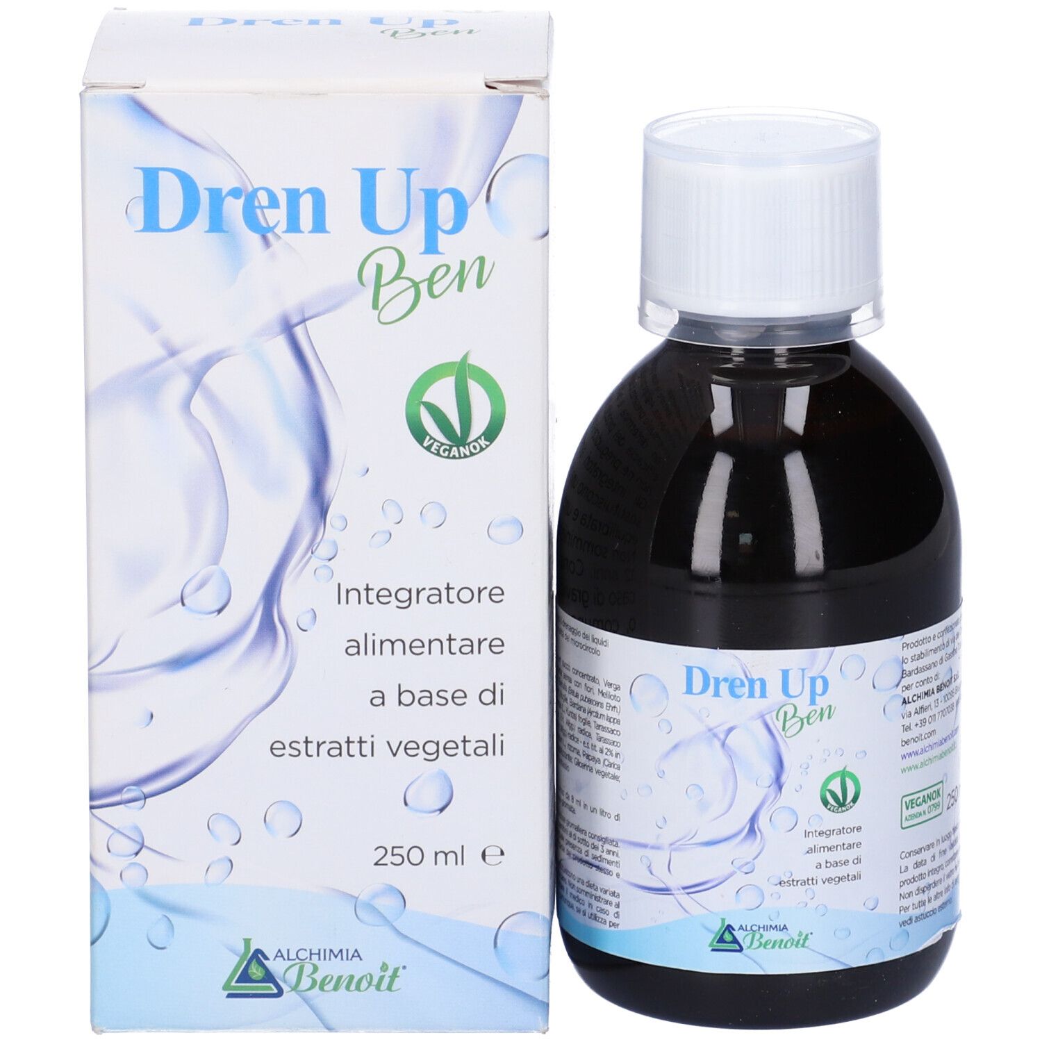 Bottiglia e scatola con liquido marrone. Scritta: Dren Up Ben. Marchio: Alchemia Benoit. 250 ml. Certificazione vegana.