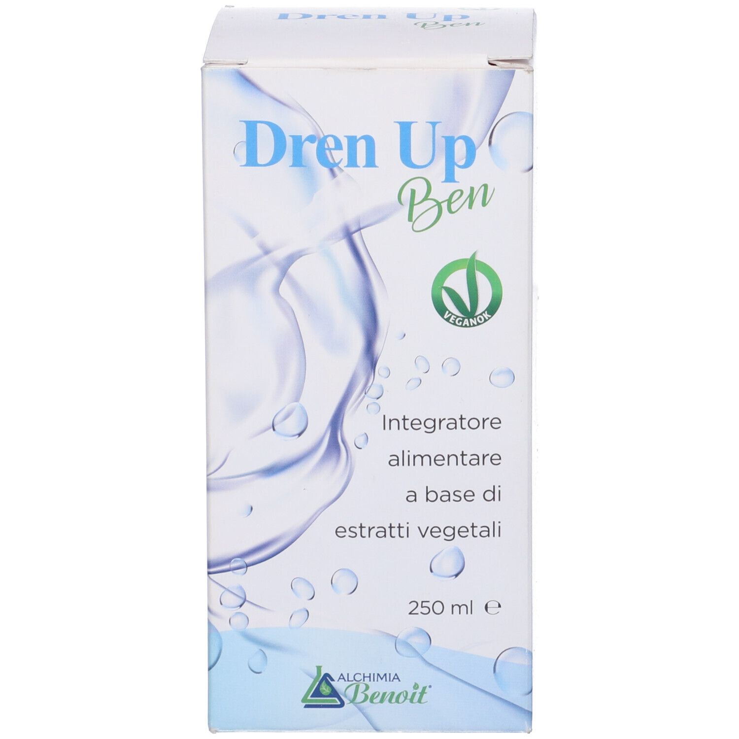 Scatola con scritta: Dren Up Ben. Marchio: Alchemia Benoit. 250 ml. Certificazione vegana.