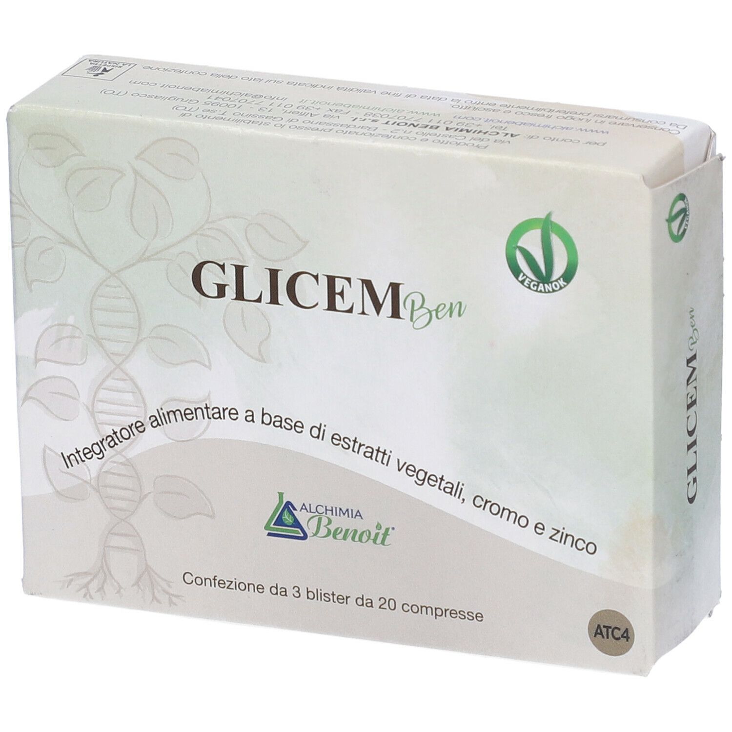 Scatola Glicem Ben, logo vegan e informazioni sul prodotto. Contiene 3 blister da 20 compresse.