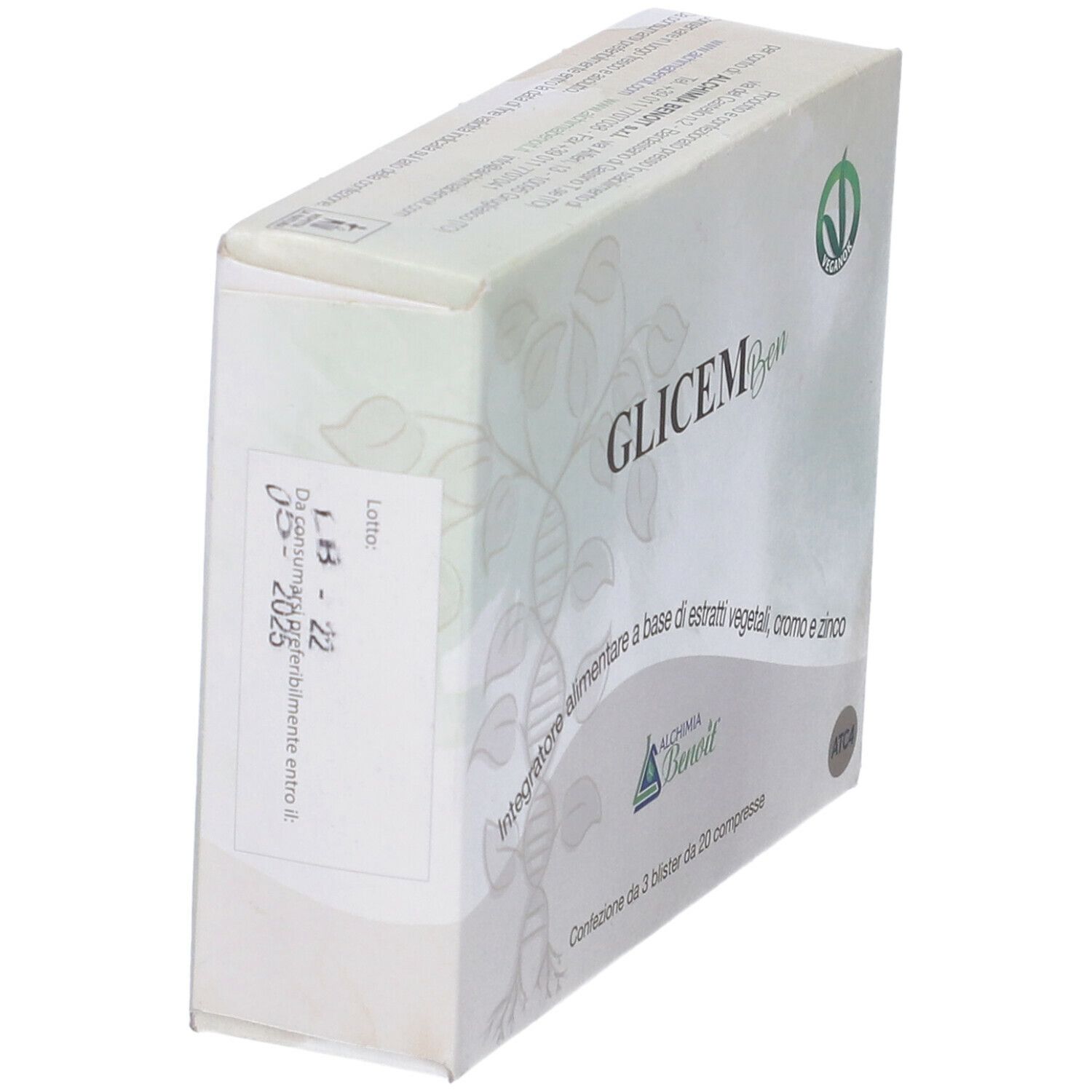 Scatola Glicem Ben, logo vegan e informazioni sul prodotto. Contiene 3 blister da 20 compresse.