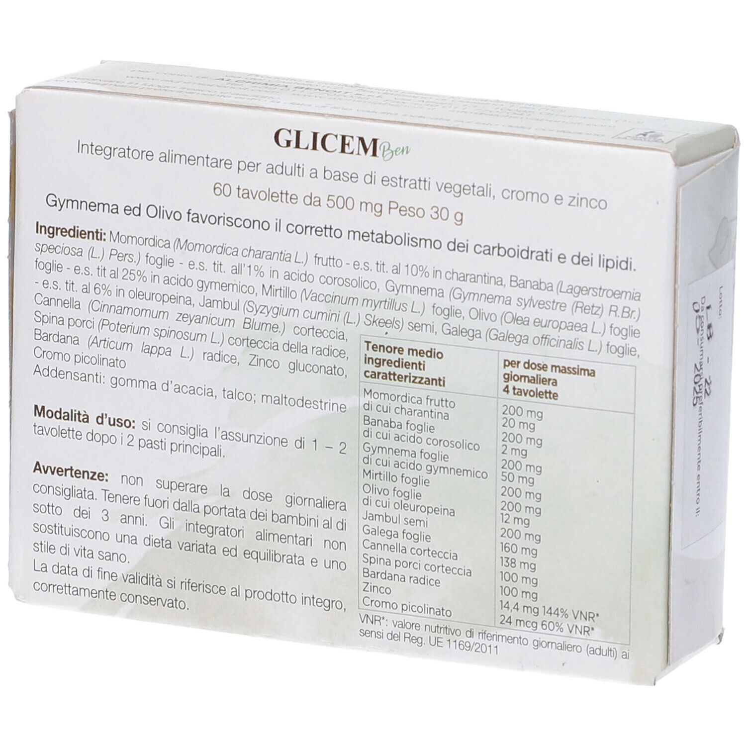Scatola Glicem Ben, logo vegan e informazioni sul prodotto. Contiene 3 blister da 20 compresse.