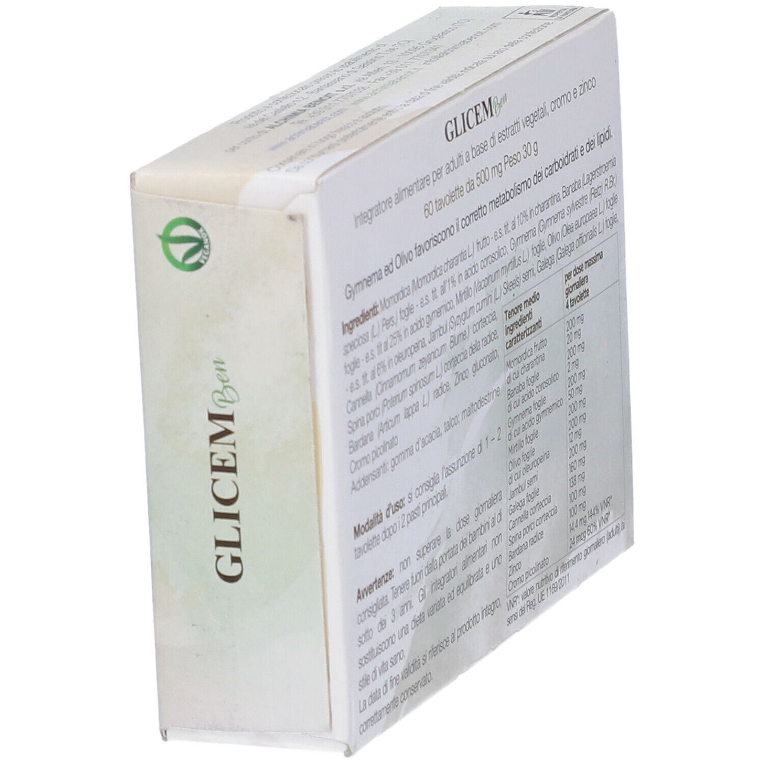 Scatola Glicem Ben, logo vegan e informazioni sul prodotto. Contiene 3 blister da 20 compresse.